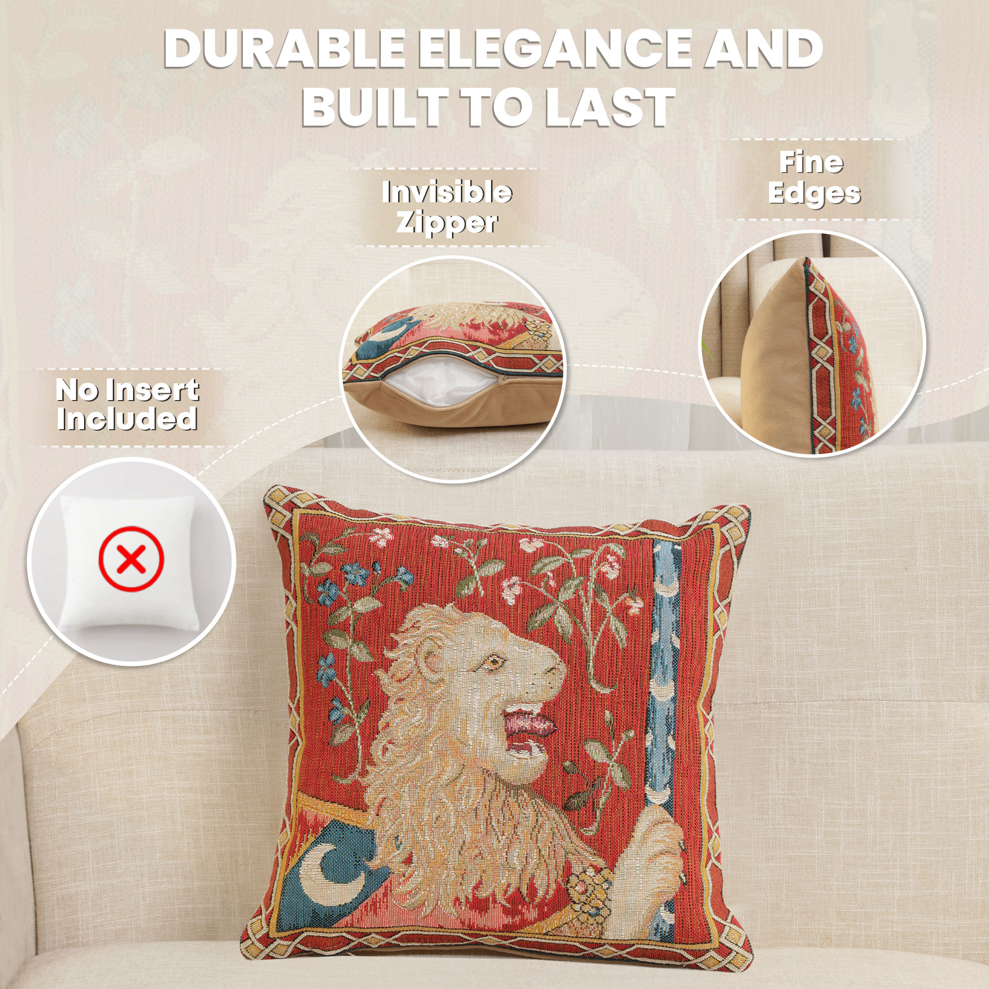Medieval The Lion Tapestry Pillow Cover 14x14 Inch Cotton Jacquard Woven Cushion Cover