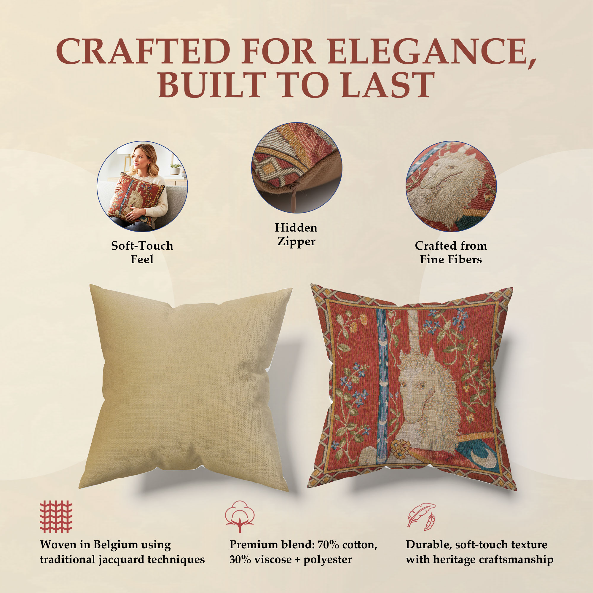 Medieval The Unicorn Tapestry Pillow Cover 14x14 Inch Cotton Jacquard Woven Cushion Cover
