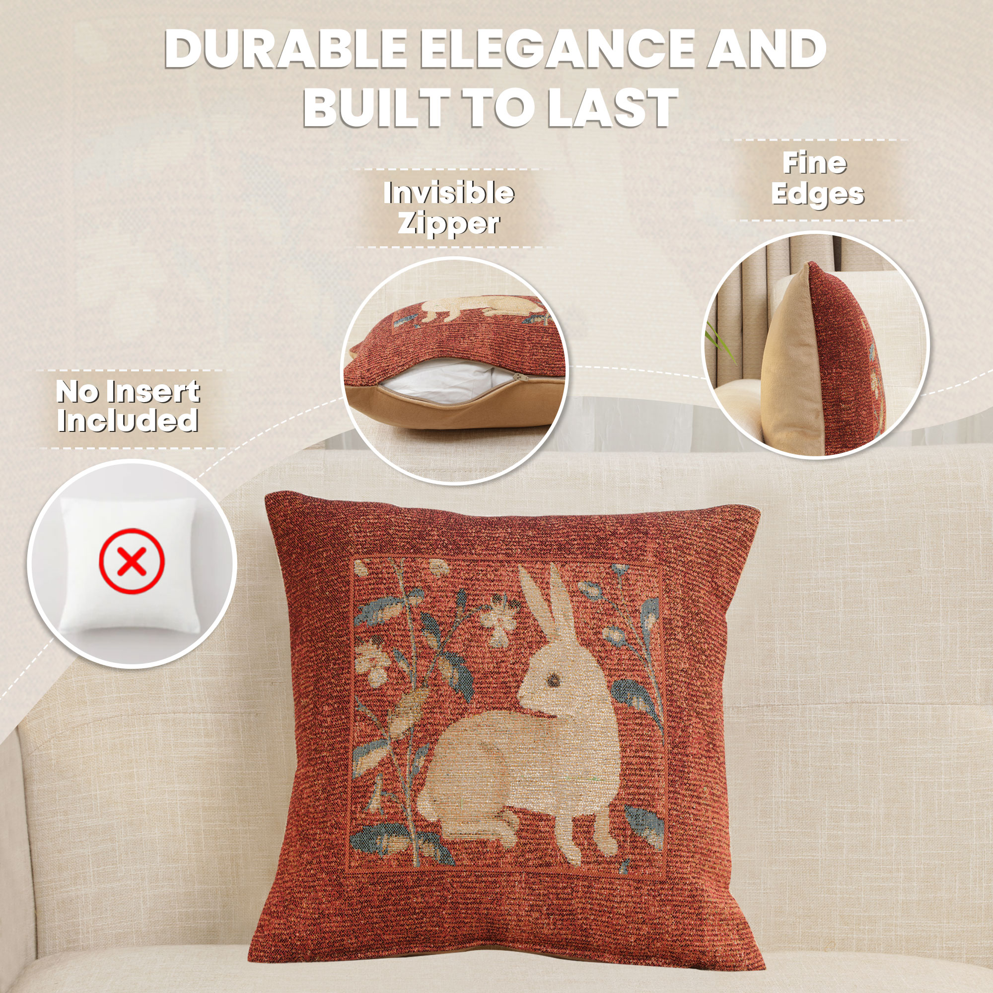 Medieval Sitting Rabbit in Red Tapestry Pillow Cover 14x14 Inch Cotton Jacquard Woven Cushion Cover