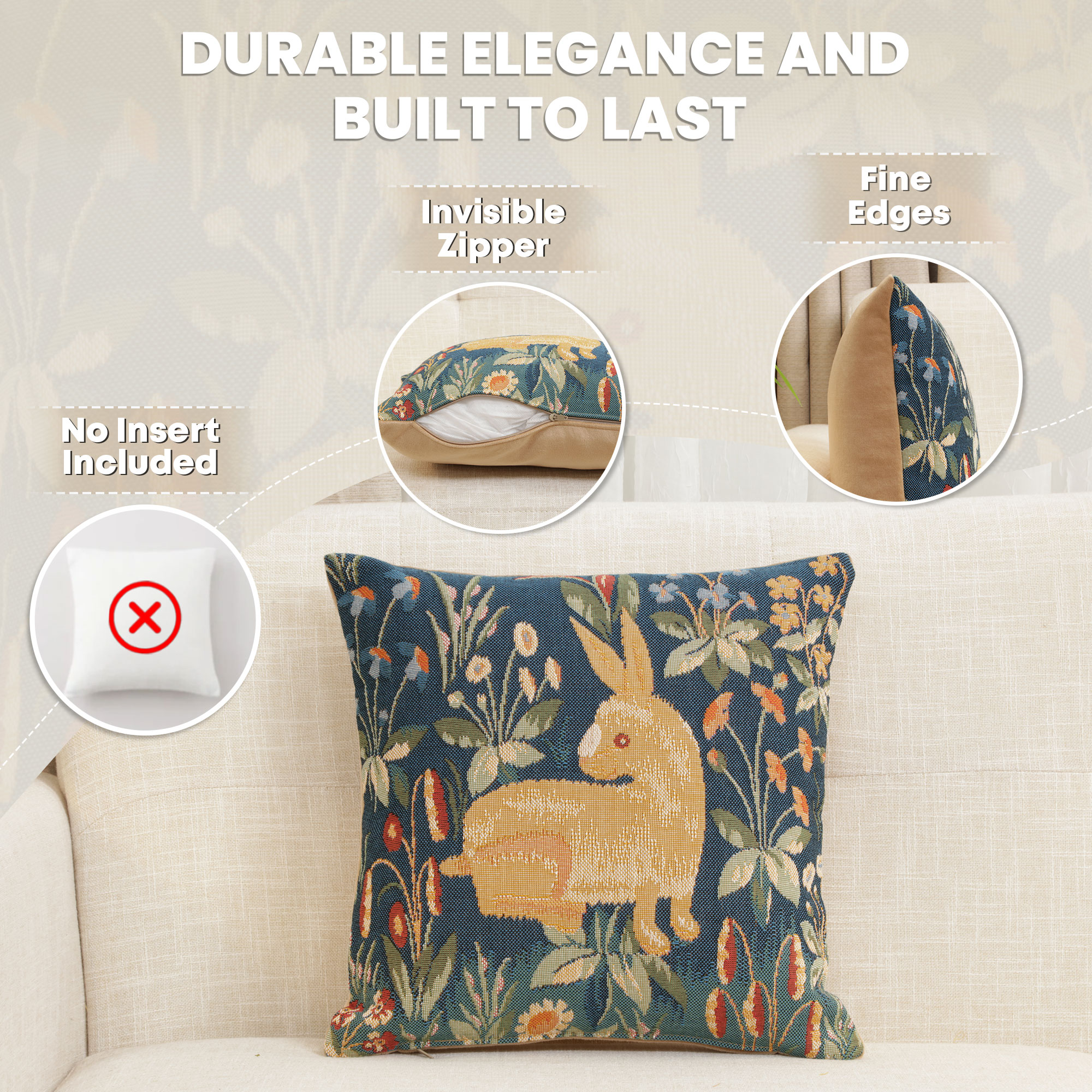 Medieval Rabbit in Blue Tapestry Pillow Cover 14x14 Inch Cotton Jacquard Woven Cushion Cover