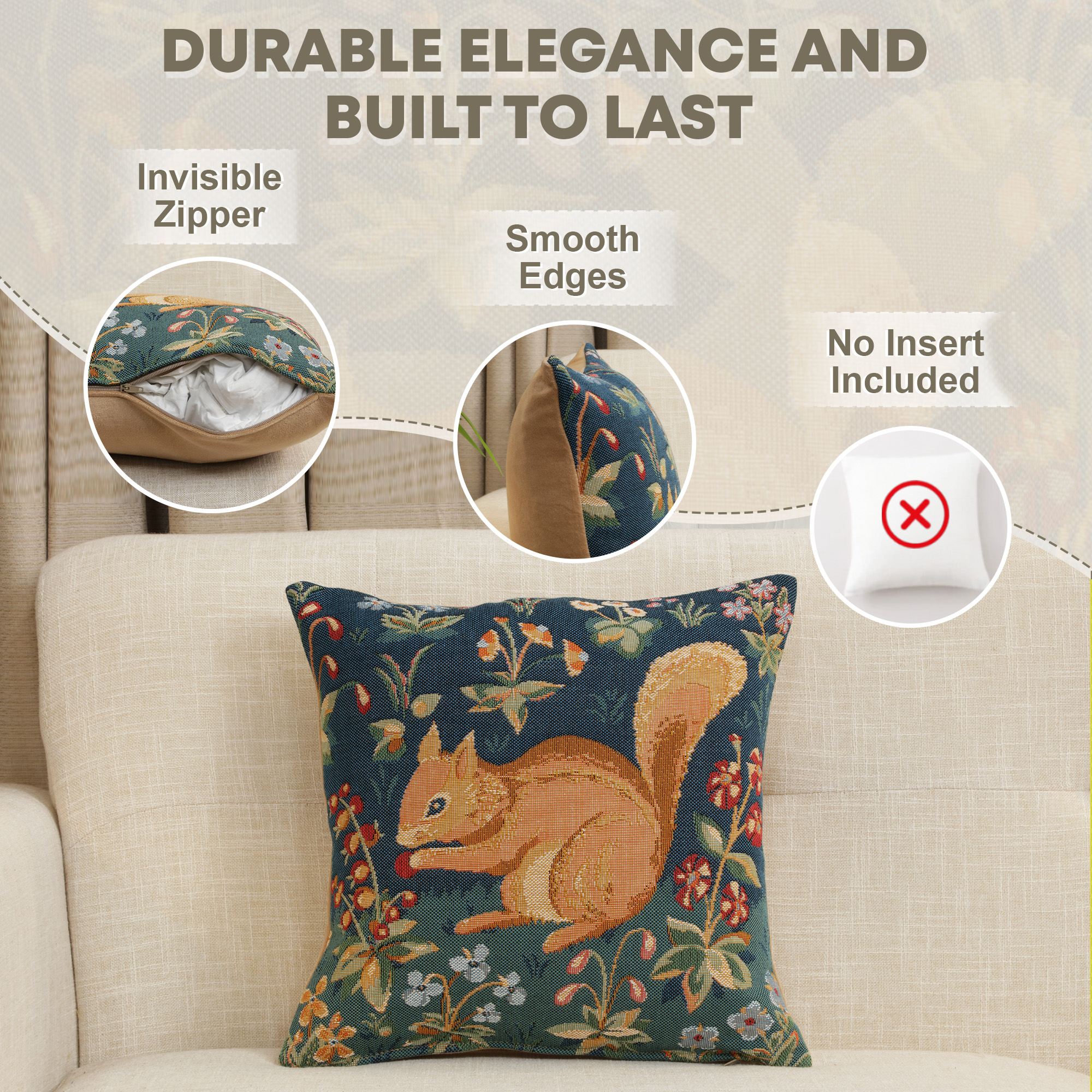 Medieval Squirrel Tapestry Pillow Cover 14x14 Inch Cotton Jacquard Woven Cushion Cover