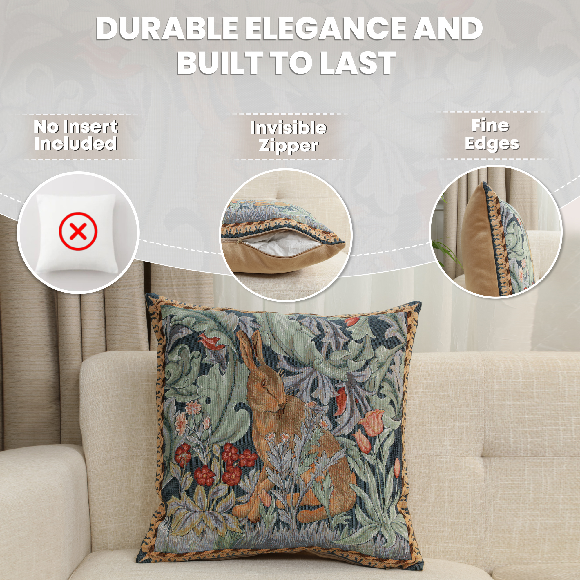 Rabbit Facing Left Medieval Tapestry Pillow Cover 19x19 inch European Cotton Jacquard Woven Cushion Cover