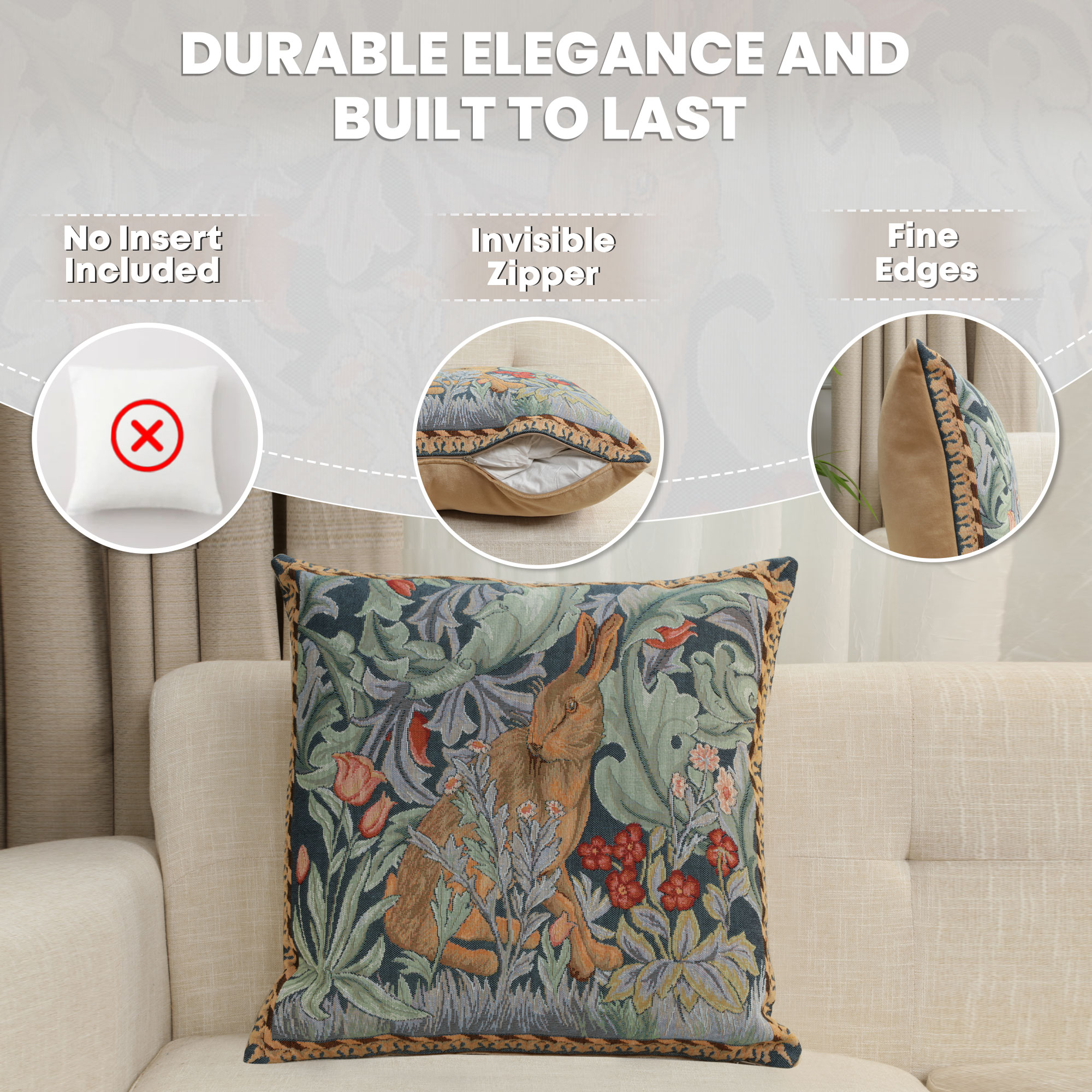 Rabbit Facing Right Medieval Tapestry Pillow Cover 19x19 inch European Cotton Jacquard Woven Cushion Cover