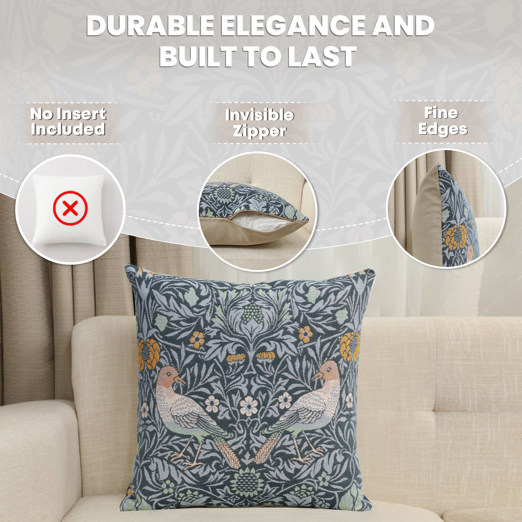 Bird Couple Medieval Tapestry Pillow Cover 19x19 inch European Cotton Jacquard Woven Cushion Cover
