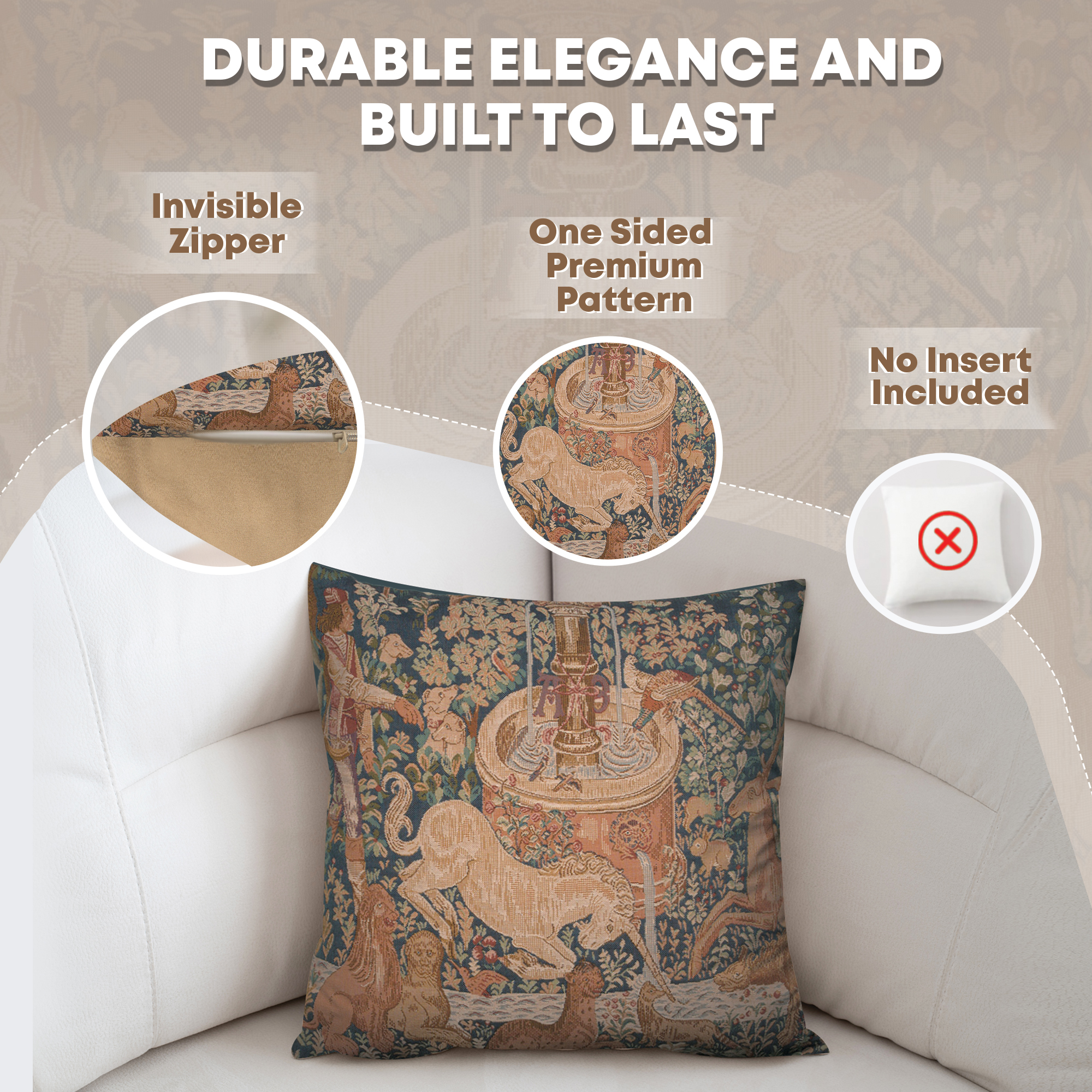 Medieval La Licorne a la Fontaine Tapestry Pillow Cover 19x19 Inch Cotton Jacquard Woven Cushion Cover