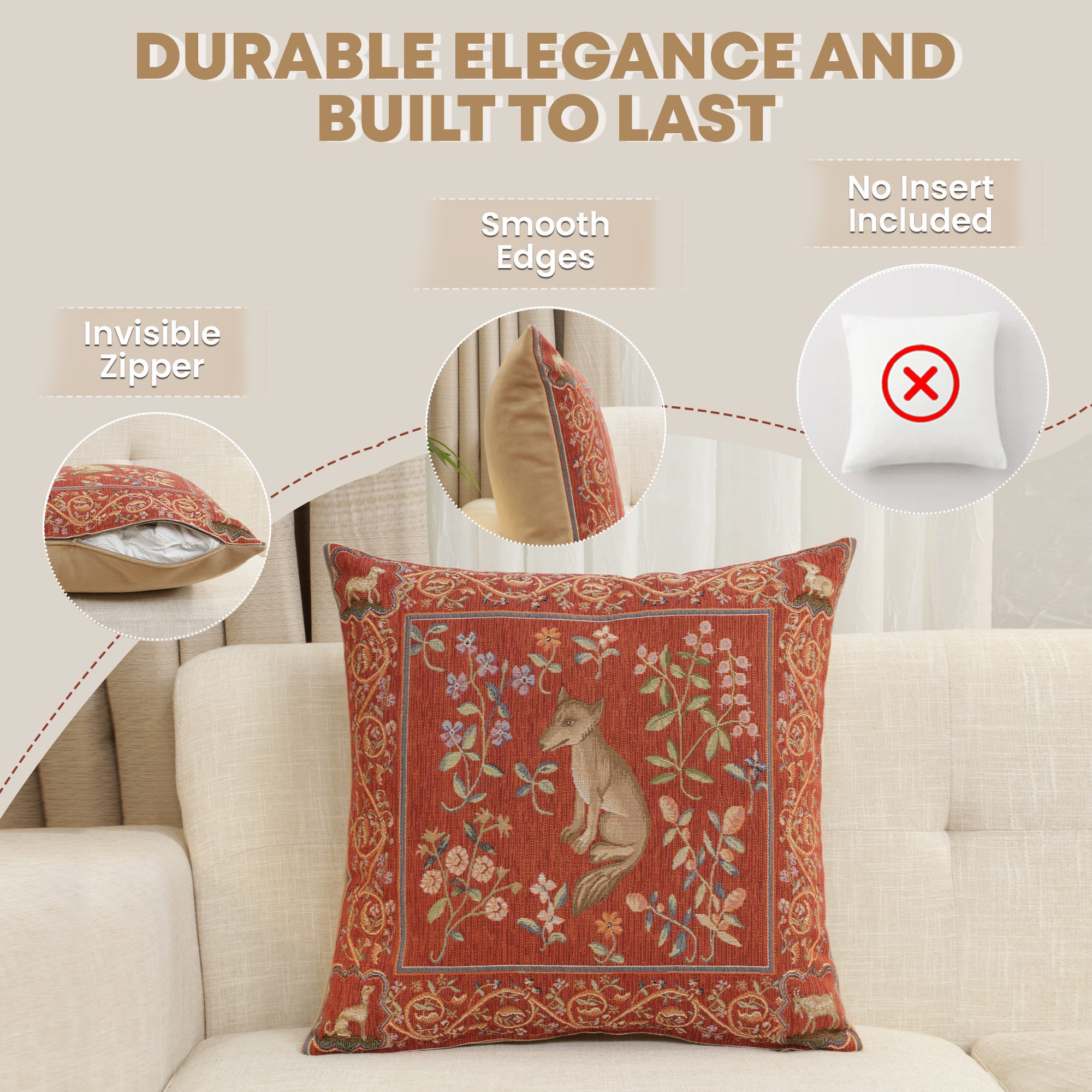 Medieval Fox Tapestry Pillow Cover 19x19 Inch Cotton Jacquard Woven Cushion Cover
