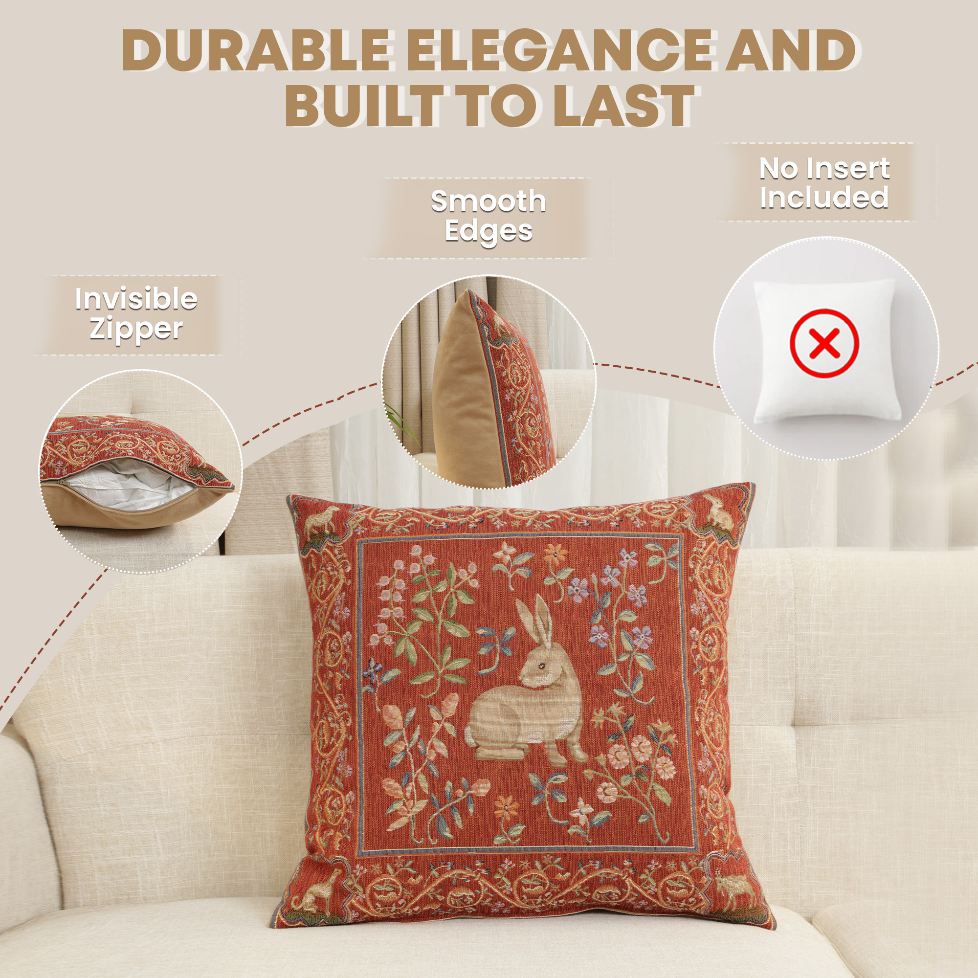 Medieval Rabbit I Tapestry Pillow Cover 19x19 Inch Cotton Jacquard Woven Cushion Cover