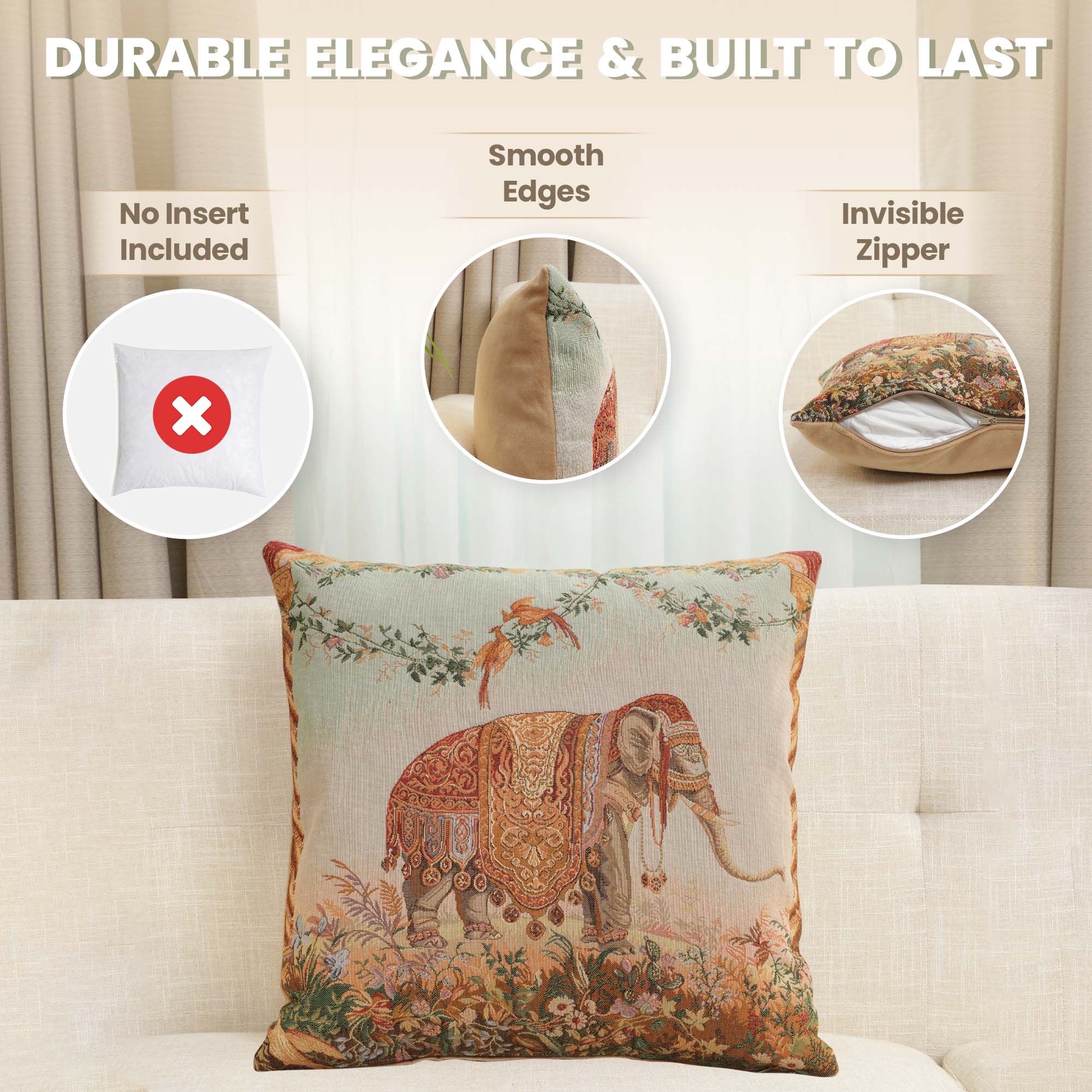 Jean Baptiste Huet Elephant I French Tapestry Pillow Cover 19x19 Inch Cotton Jacquard Woven Cushion Cover
