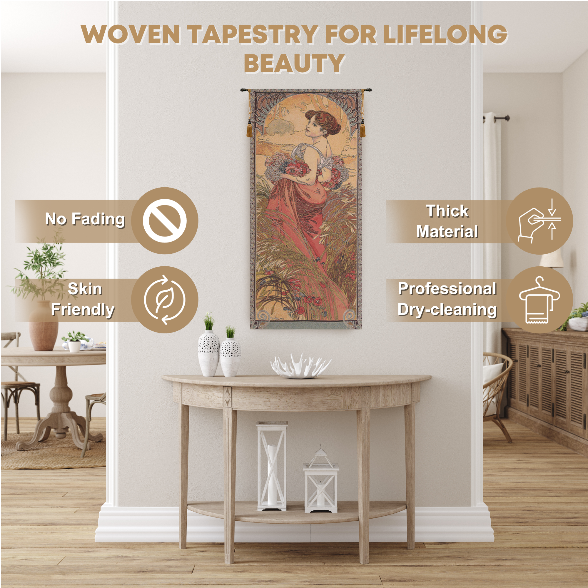 Alphonse Mucha Summer European Tapestry Wall Hanging 39x18 Inch Cotton Jacquard Woven Wall Tapestry