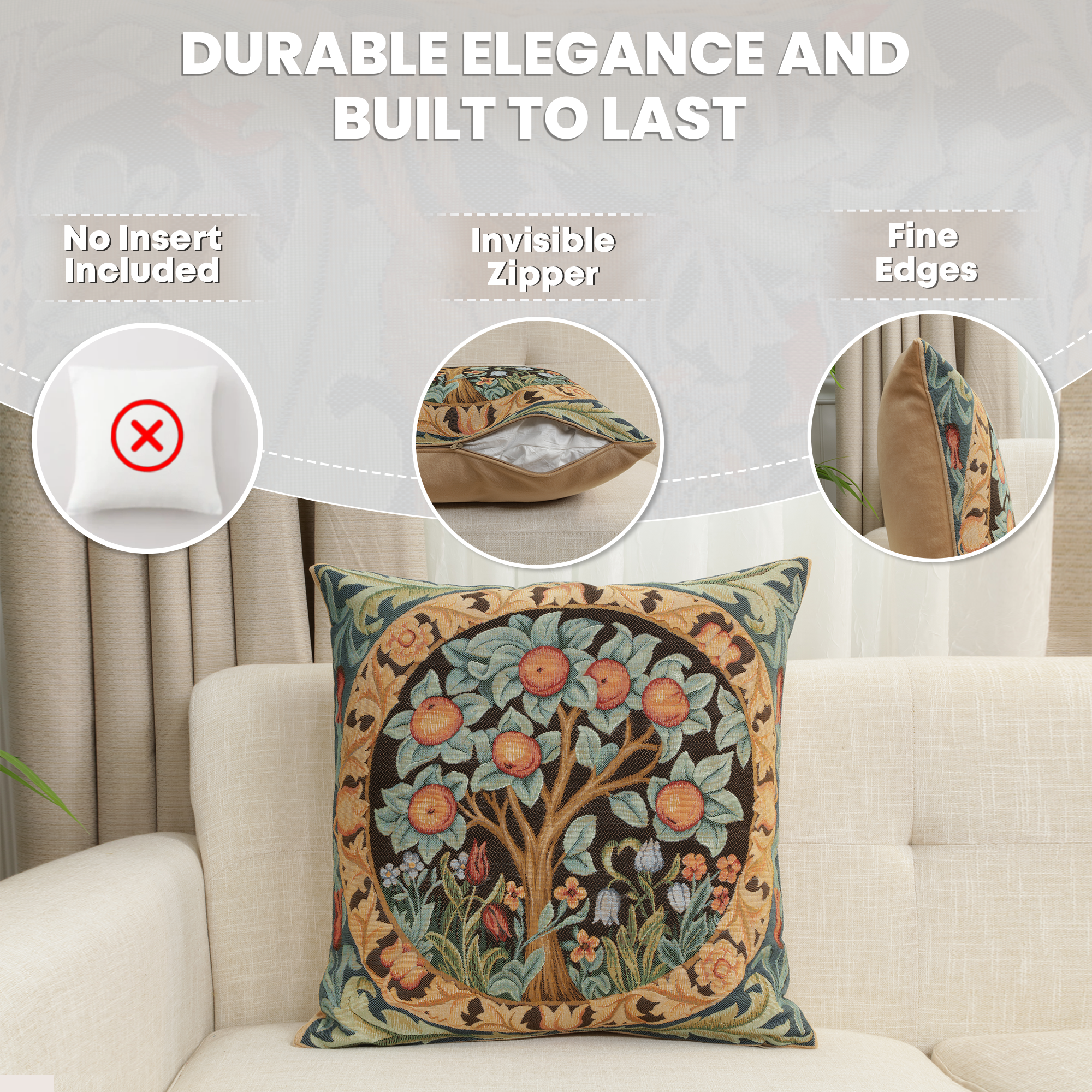 Orange Tree Medieval Tapestry Pillow Cover 19x19 inch European Cotton Jacquard Woven Cushion Cover