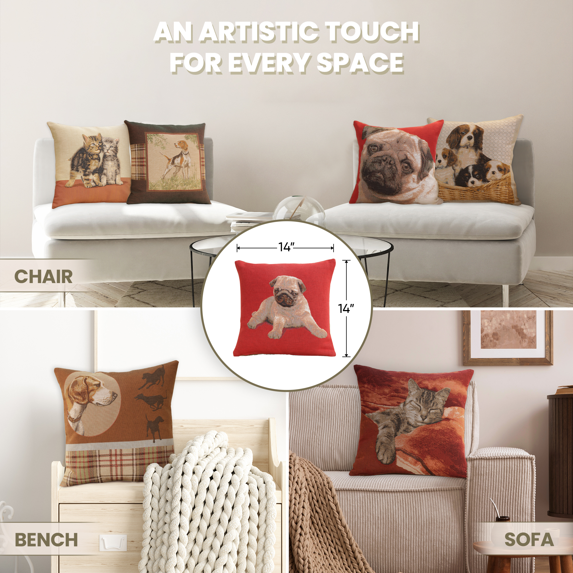 Thomas Theodor Heine Puppy Pug Red Tapestry Pillow Cover 14x14 Inch Cotton Jacquard Woven Cushion Cover