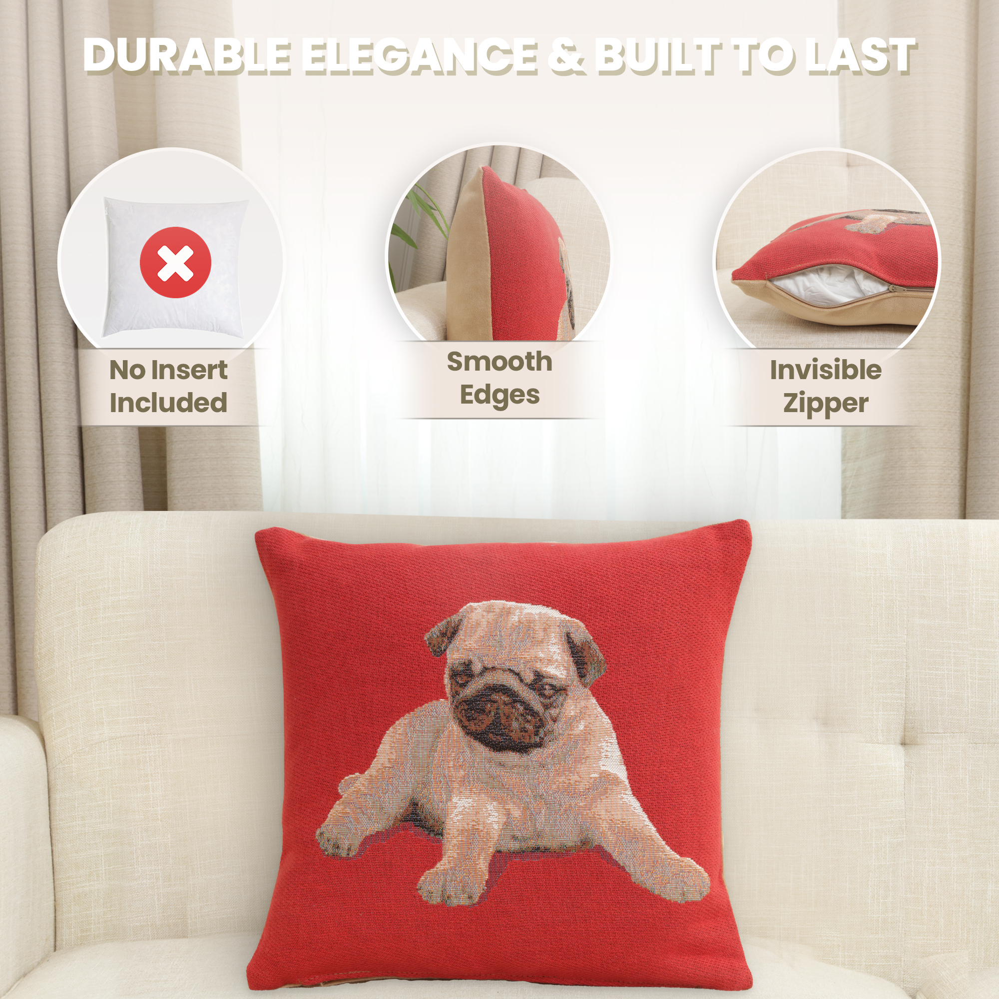 Thomas Theodor Heine Puppy Pug Red Tapestry Pillow Cover 14x14 Inch Cotton Jacquard Woven Cushion Cover