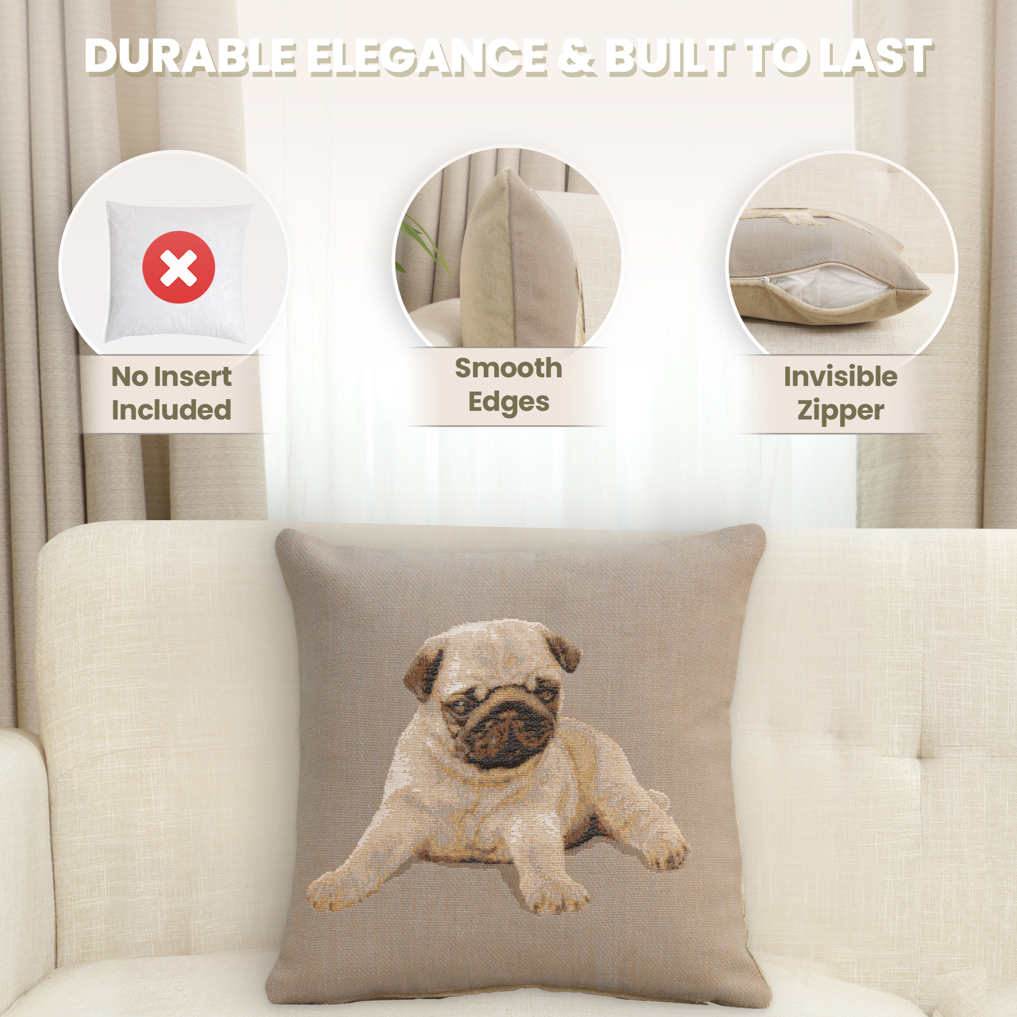 Thomas Theodor Heine Puppy Pug Grey Tapestry Pillow Cover 14x14 Inch Cotton Jacquard Woven Cushion Cover