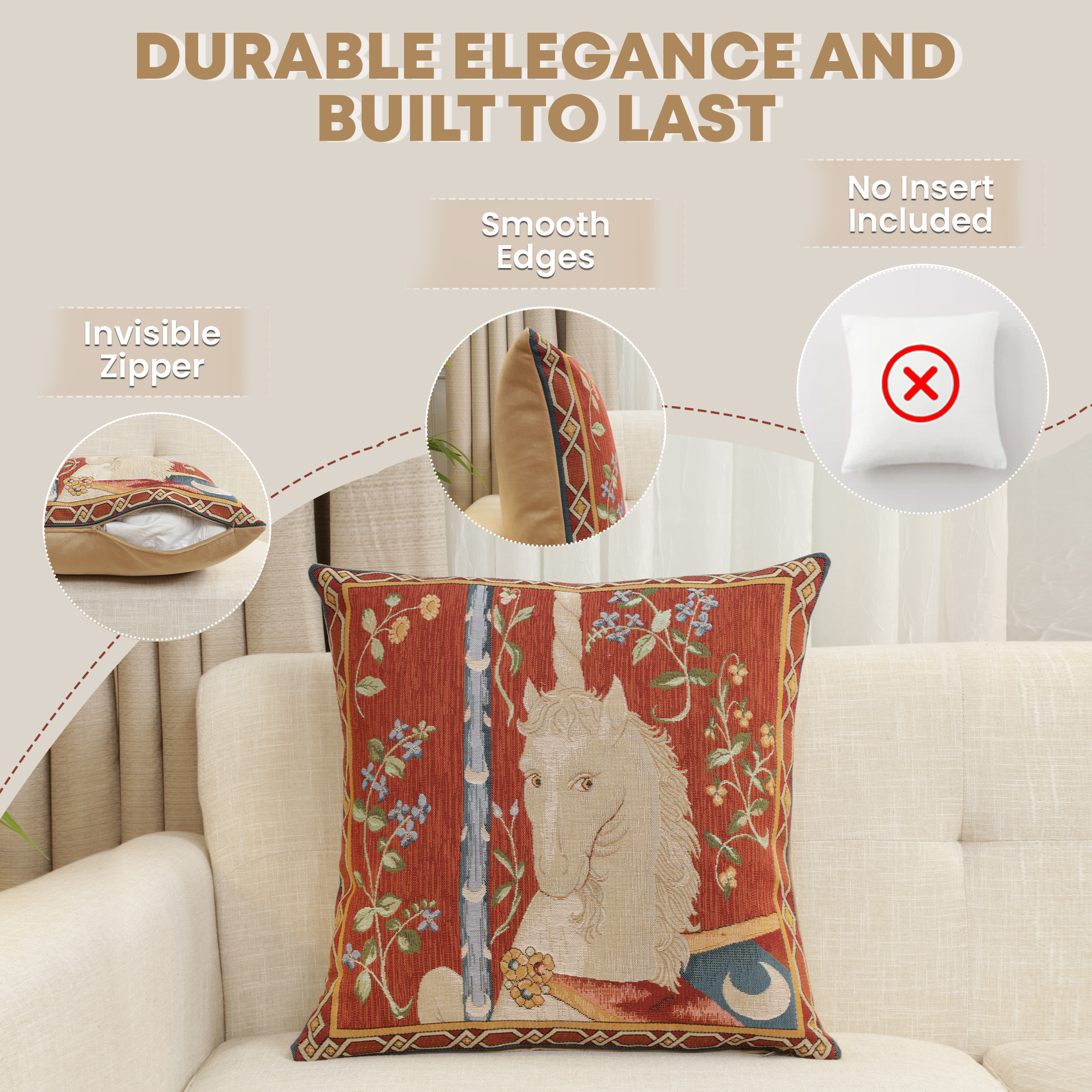 Medieval La Licorne Tapestry Pillow Cover 19x19 Inch Cotton Jacquard Woven Cushion Cover