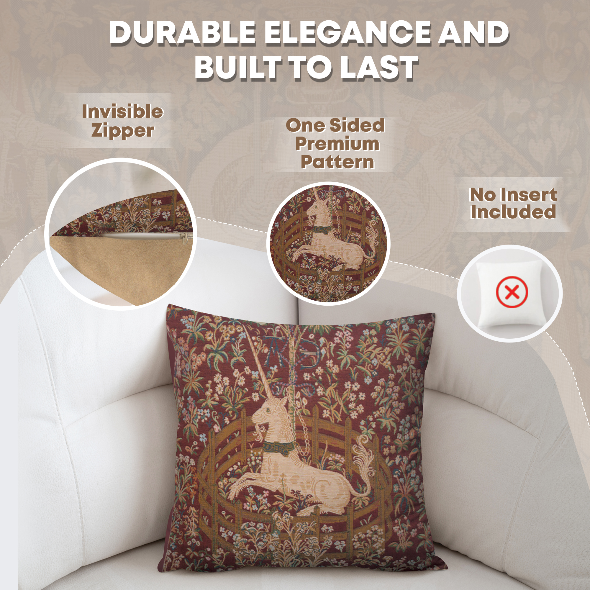 Medieval Licorne Captive in Red I Tapestry Pillow Cover 18x18 Inch Cotton Jacquard Woven Cushion Cover