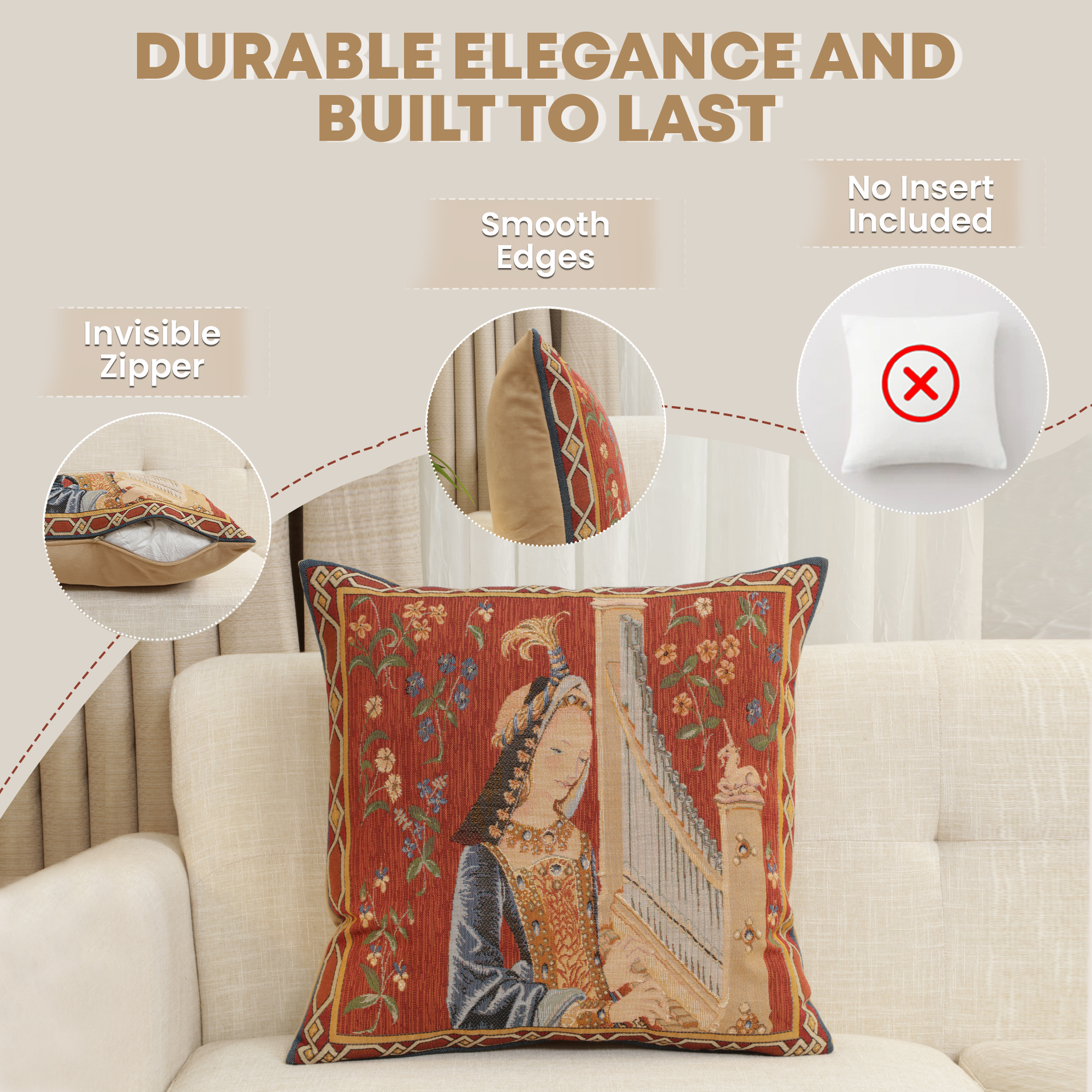 Medieval L'Ouie The Hearing Tapestry Pillow Cover 19x19 Inch Cotton Jacquard Woven Cushion Cover