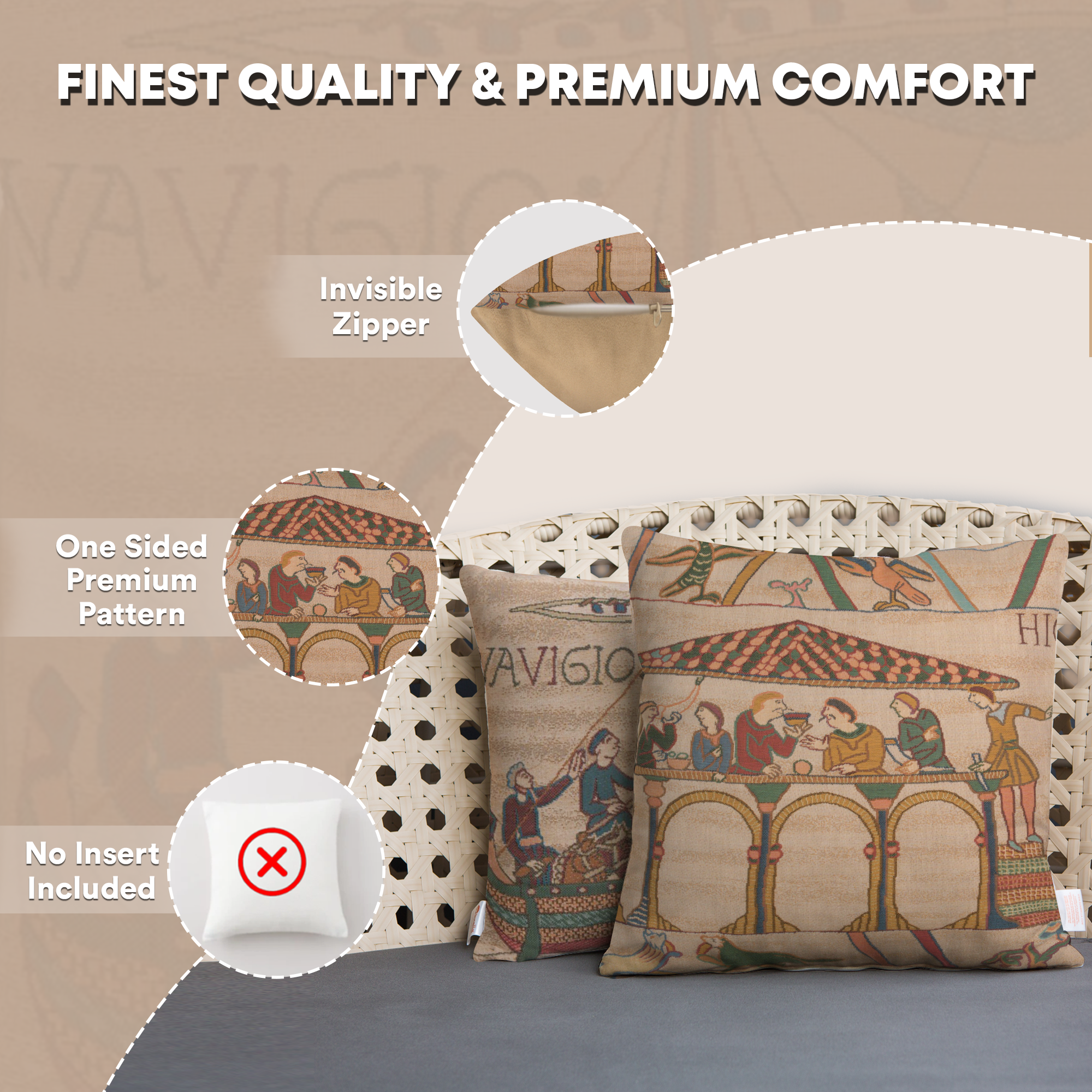 Bayeux Le Repas French Tapestry Pillow Cover 19x19 Inch Cotton Jacquard Woven Cushion Cover