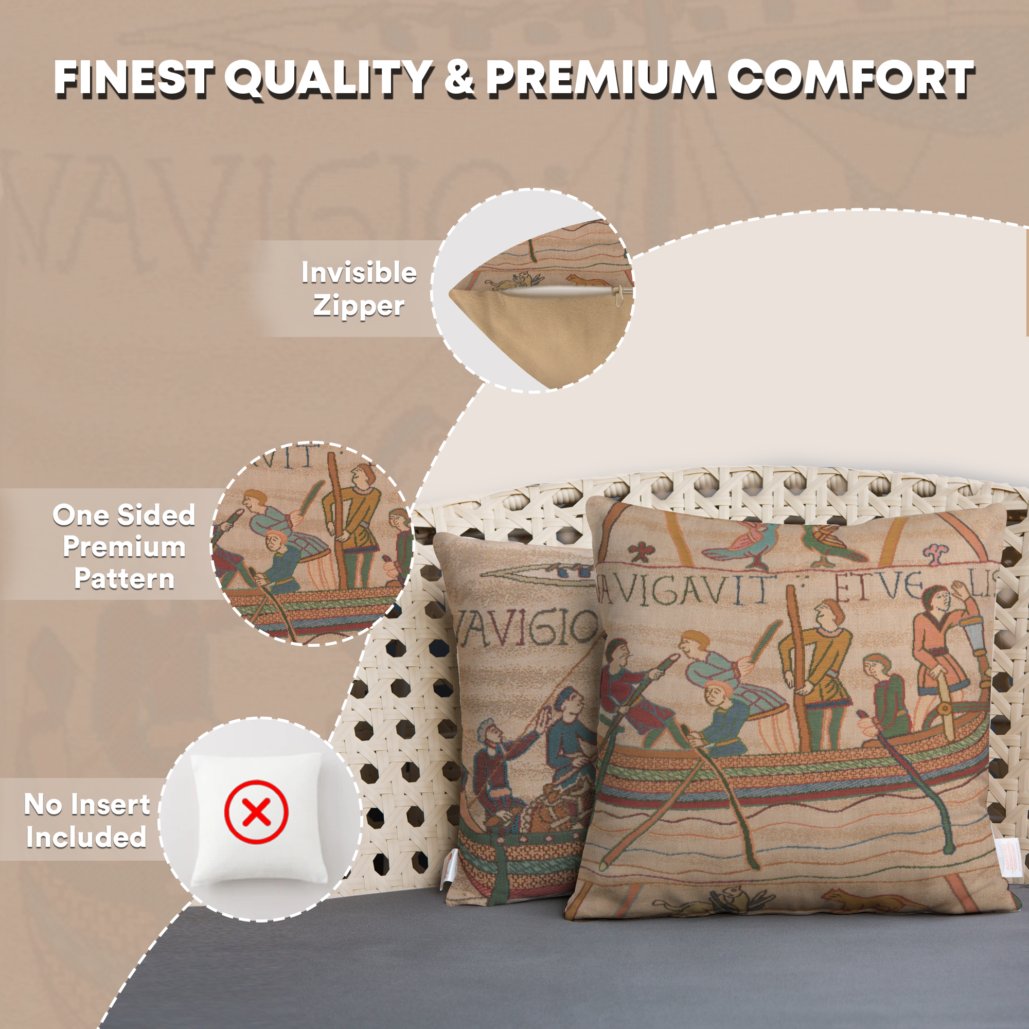 Bayeux L'Embarquement French Tapestry Pillow Cover 19x19 Inch Cotton Jacquard Woven Cushion Cover