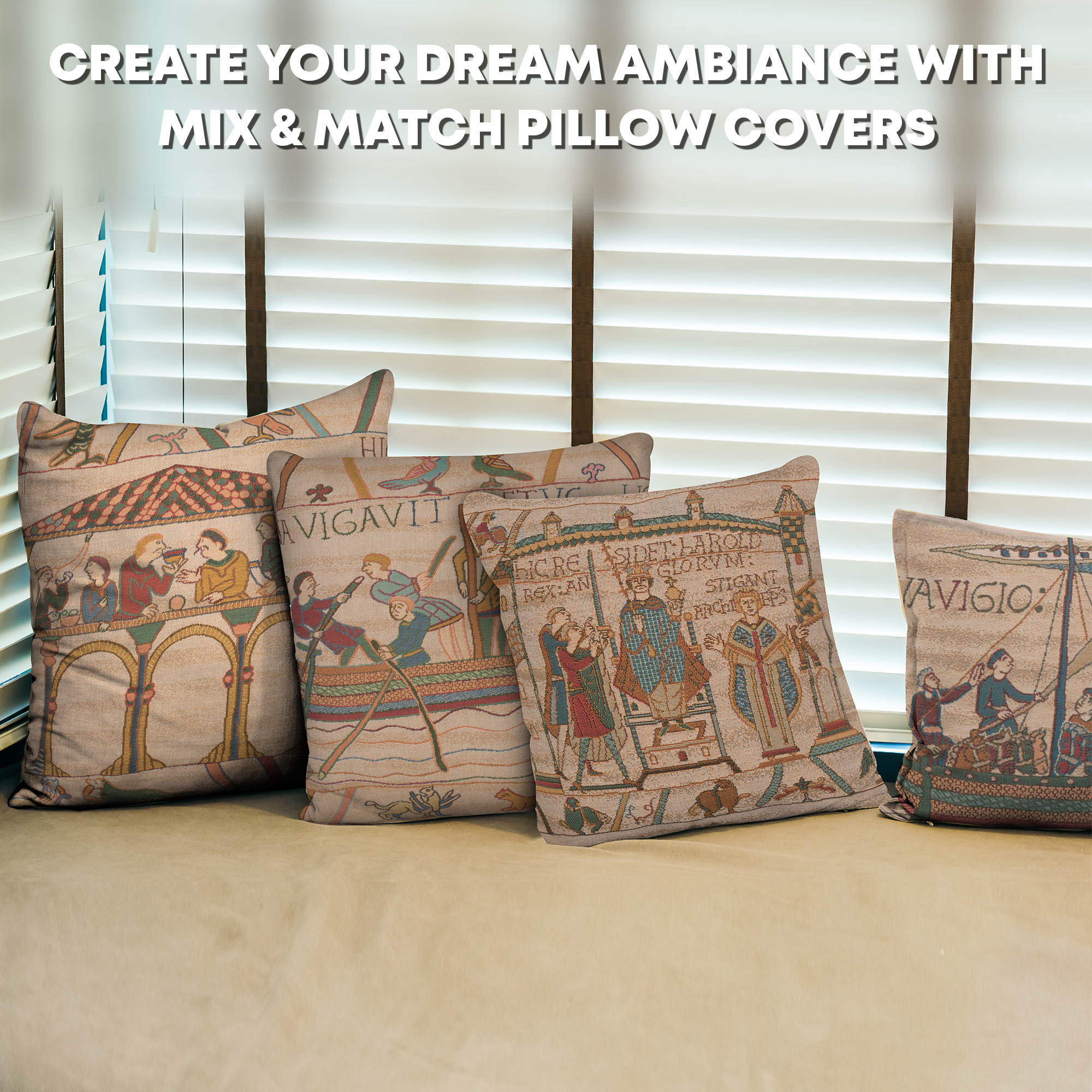 Bayeux L'Embarquement French Tapestry Pillow Cover 19x19 Inch Cotton Jacquard Woven Cushion Cover