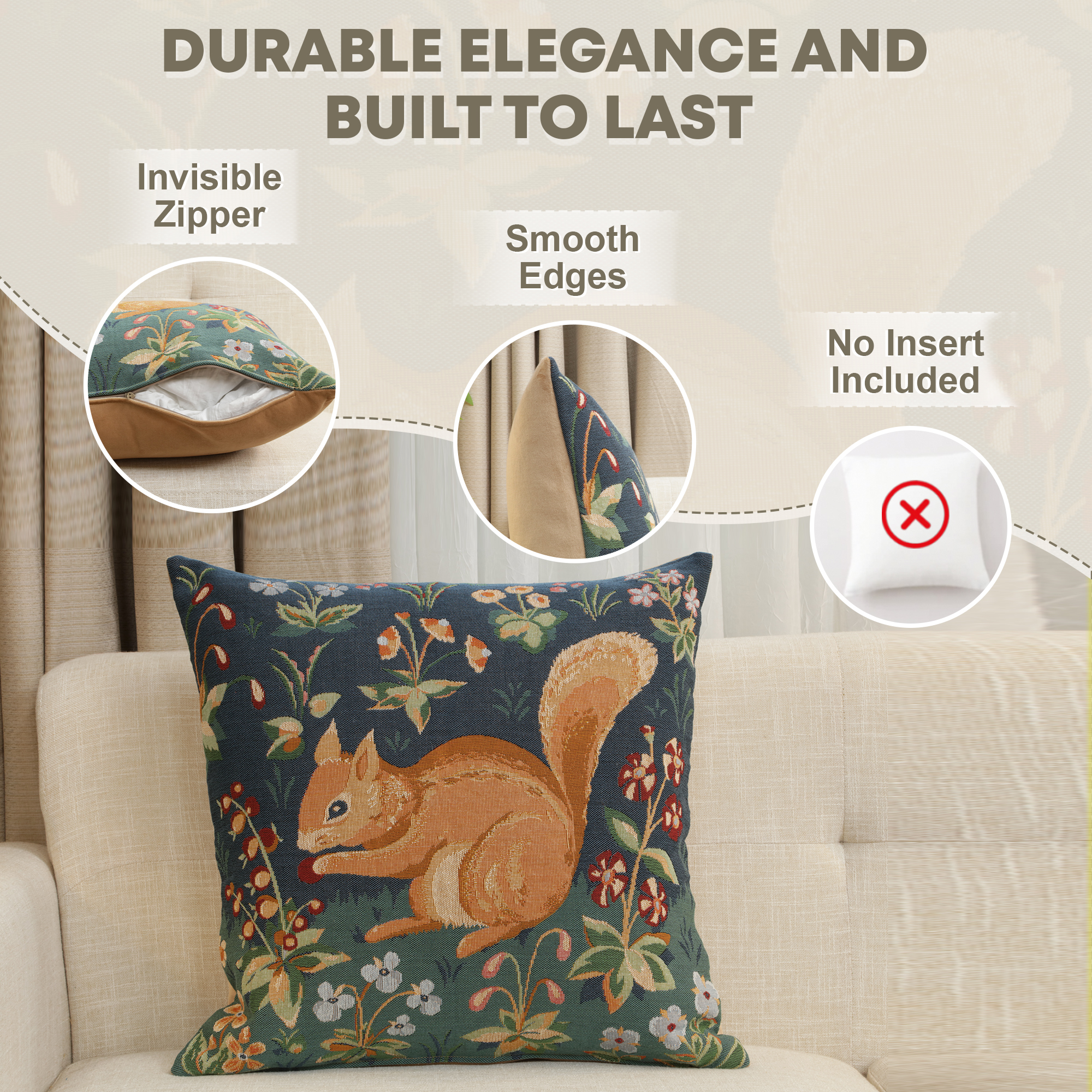 Medieval Tree Squirrel Tapestry Pillow Cover 19x19 Inch Cotton Jacquard Woven Cushion Cover
