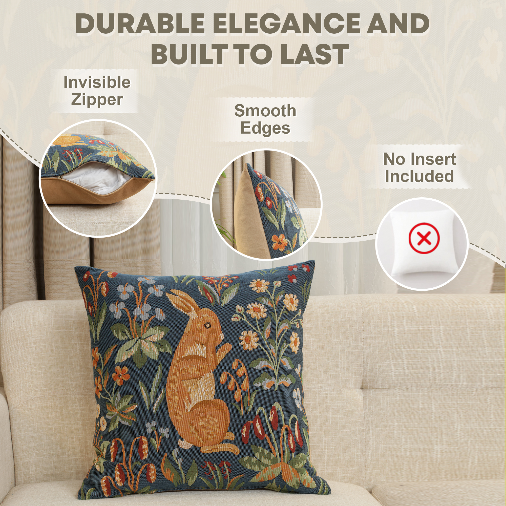 Medieval Rabbit Upright Tapestry Pillow Cover 19x19 Inch Cotton Jacquard Woven Cushion Cover