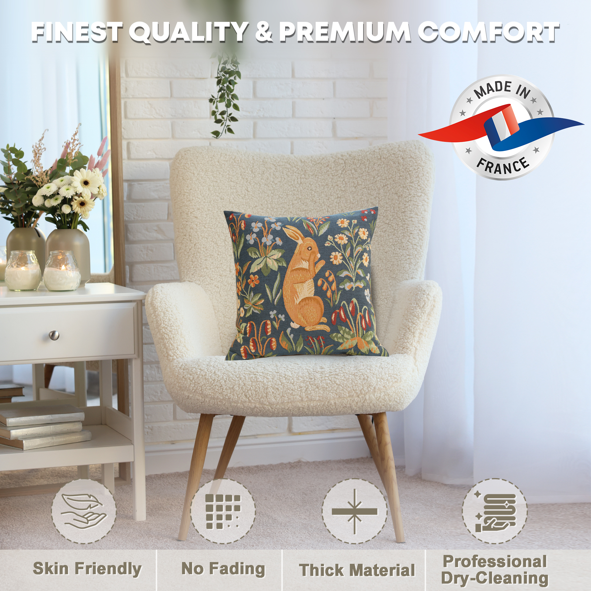 Medieval Rabbit Upright Tapestry Pillow Cover 19x19 Inch Cotton Jacquard Woven Cushion Cover