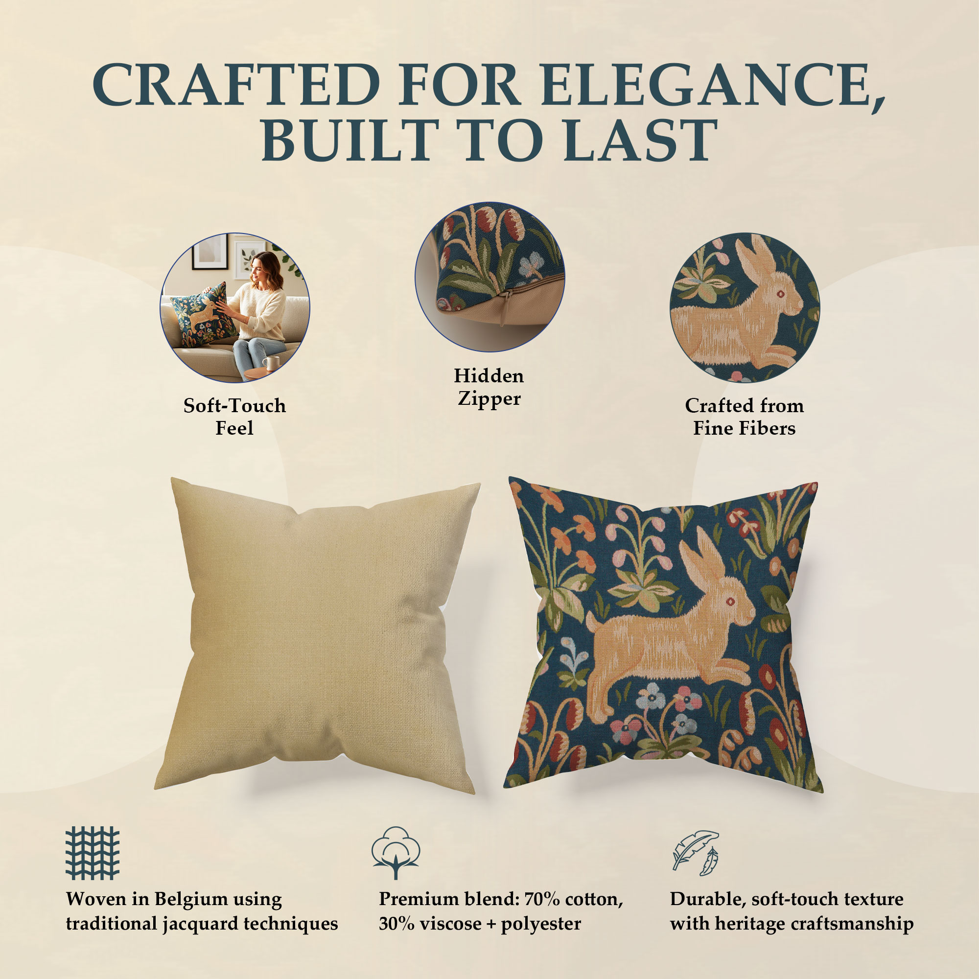 Medieval Rabbit Running Tapestry Pillow Cover 19x19 Inch Cotton Jacquard Woven Cushion Cover