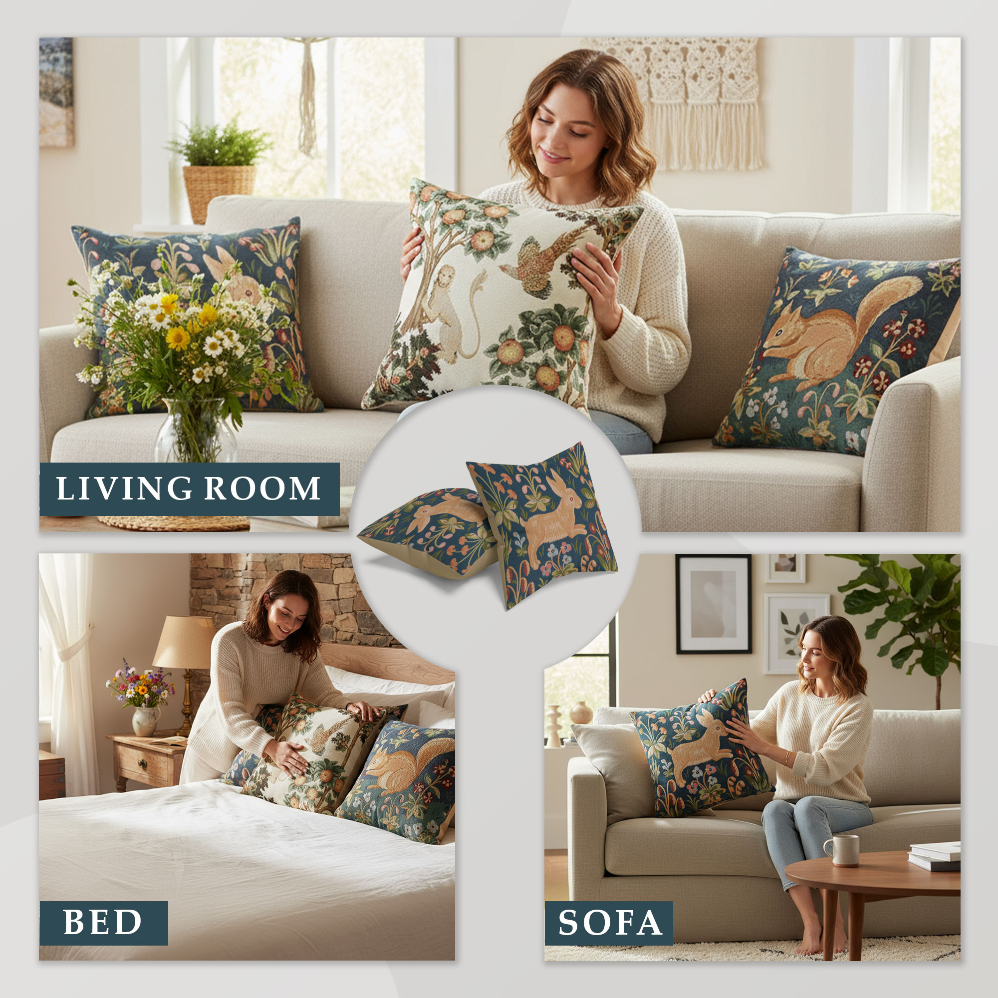 Medieval Rabbit Running Tapestry Pillow Cover 19x19 Inch Cotton Jacquard Woven Cushion Cover