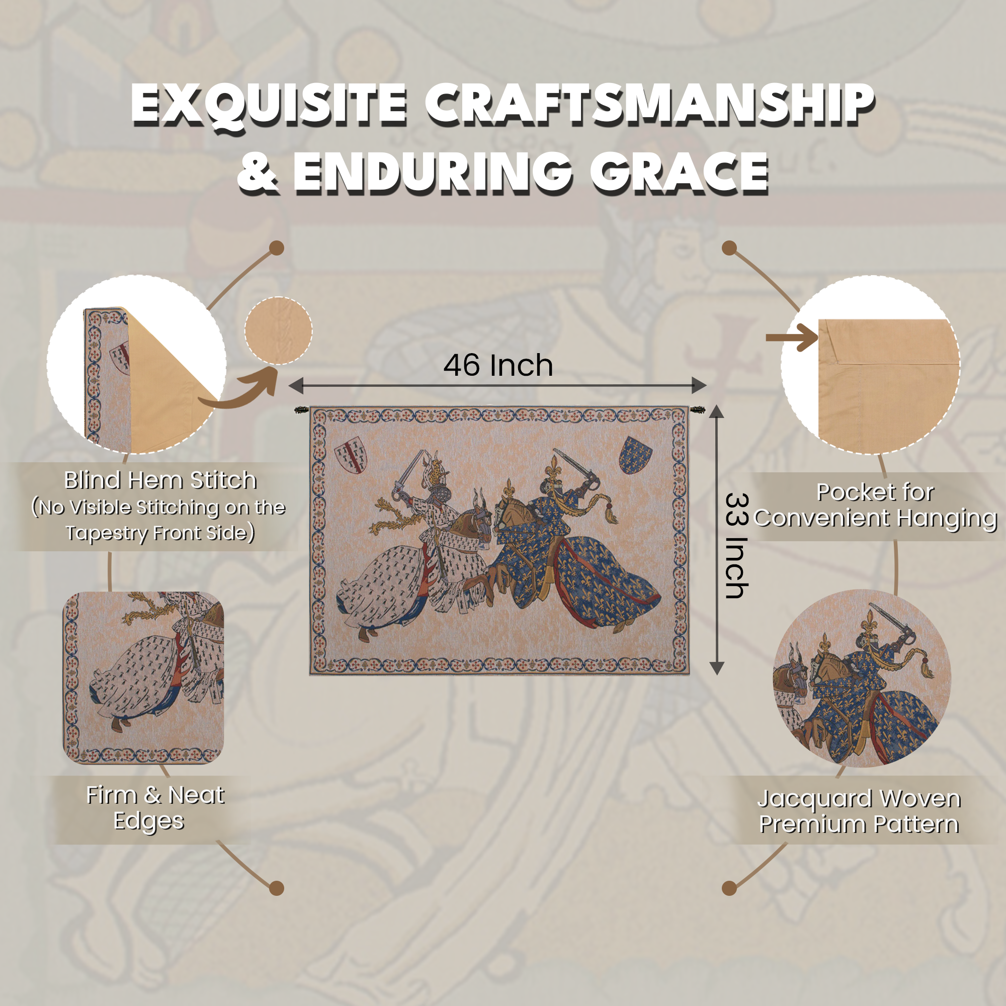 Vintage Tournament of Knights Renaissance Tapestry Wall Hanging 33 x 46 in Medieval Jousting Knights Jacquard Woven Wall Art