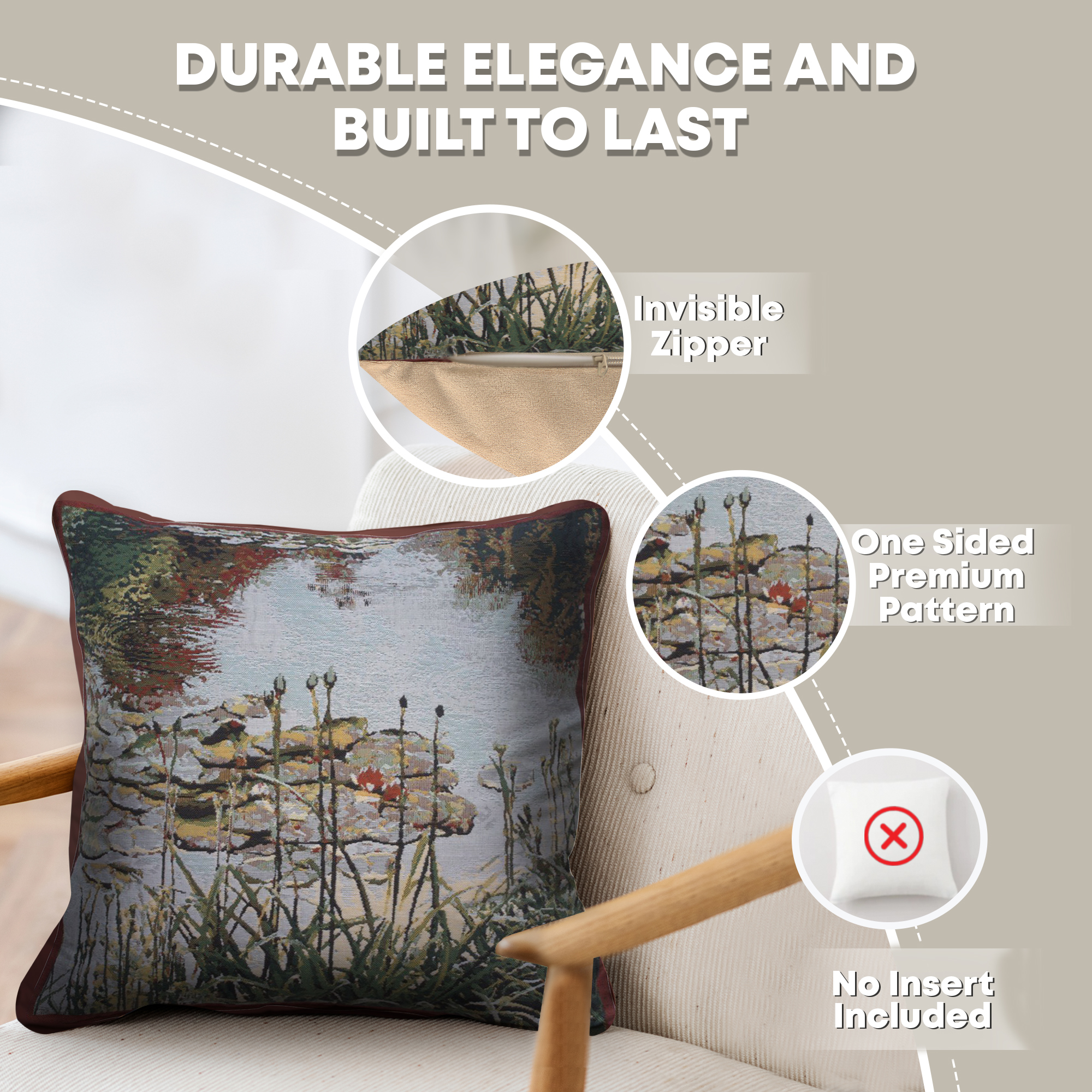 Claude Monet Waterlily Garden Tapestry Pillow Cover 17x17 Inch Cotton Jacquard Woven Cushion Cover