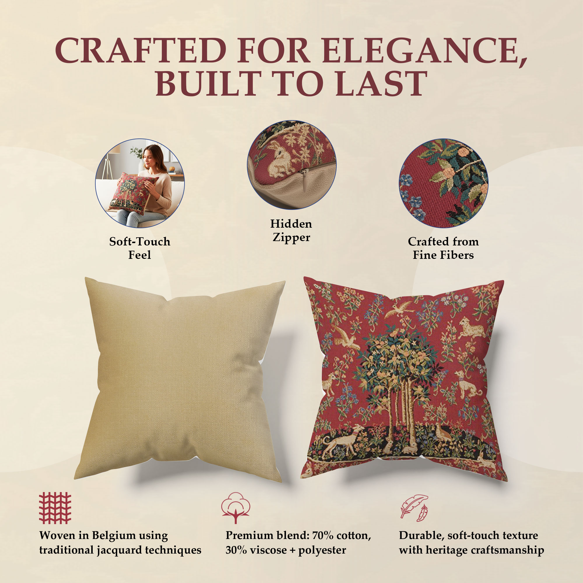 Medieval Vintage Unicorns I Tapestry Pillow Cover 18x18 Inch Cotton Jacquard Woven Cushion Cover
