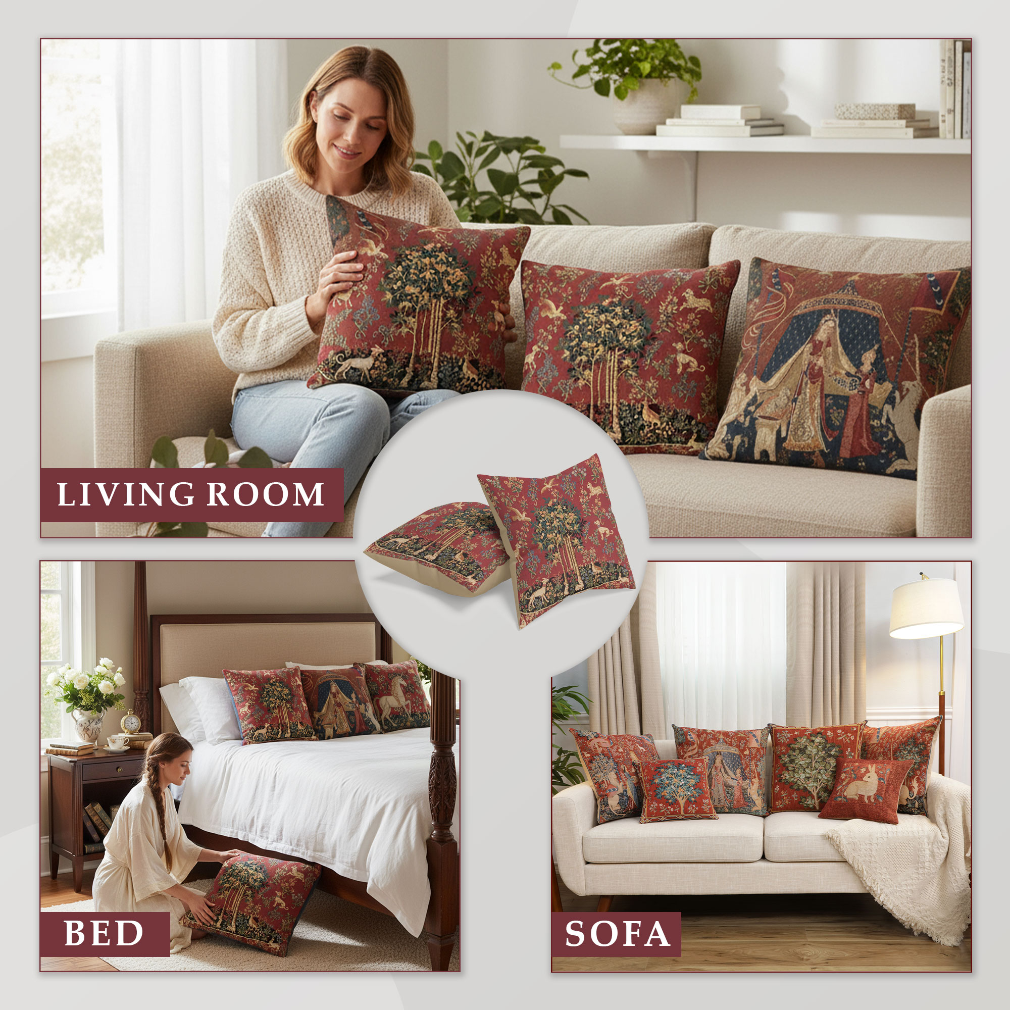 Medieval Vintage Unicorns I Tapestry Pillow Cover 18x18 Inch Cotton Jacquard Woven Cushion Cover