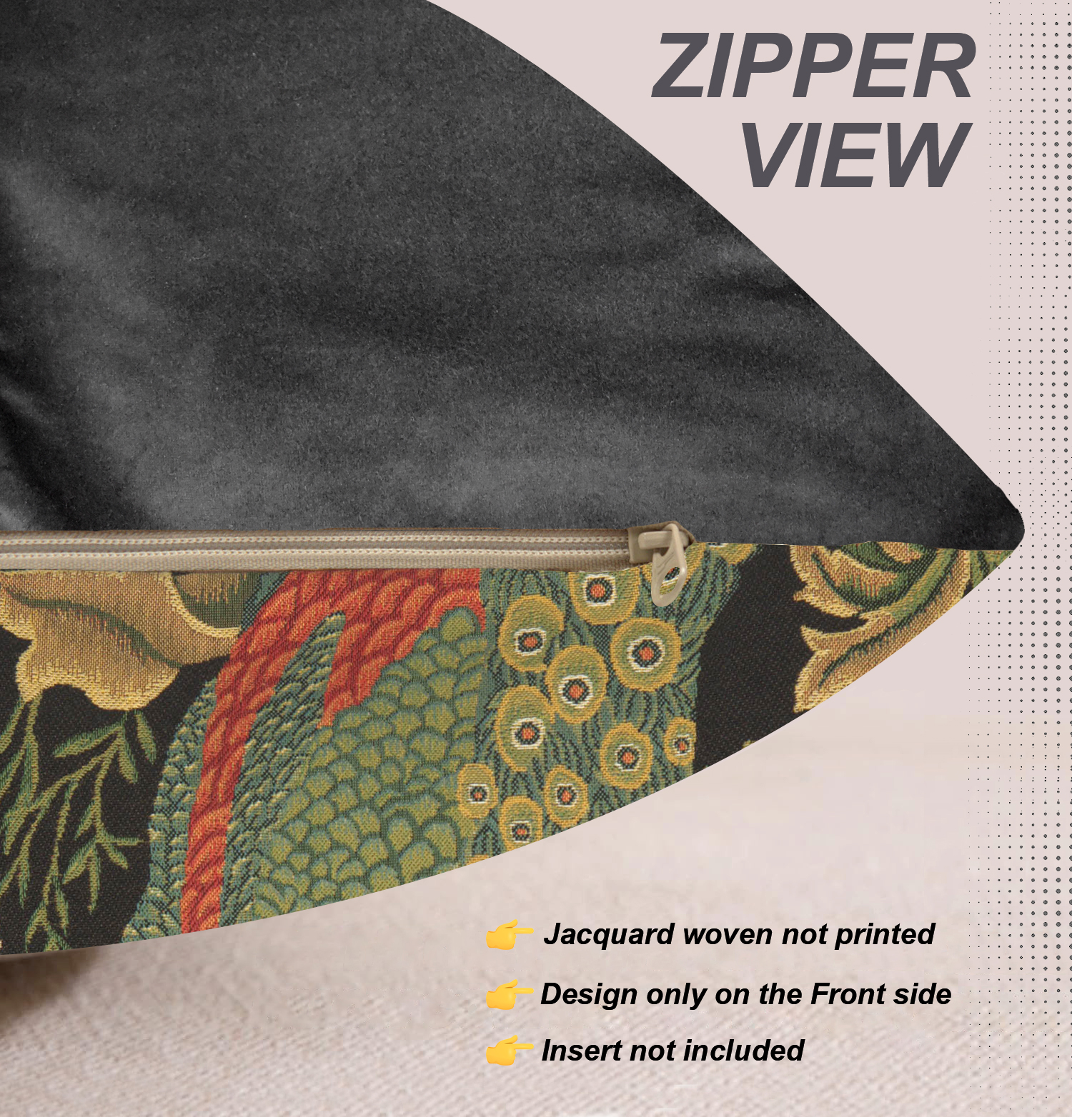 Black Peacock Belgian Tapestry Pillow Cover 18x18 inch 100% Cotton Belgian Jacquard Woven Cushion Cover
