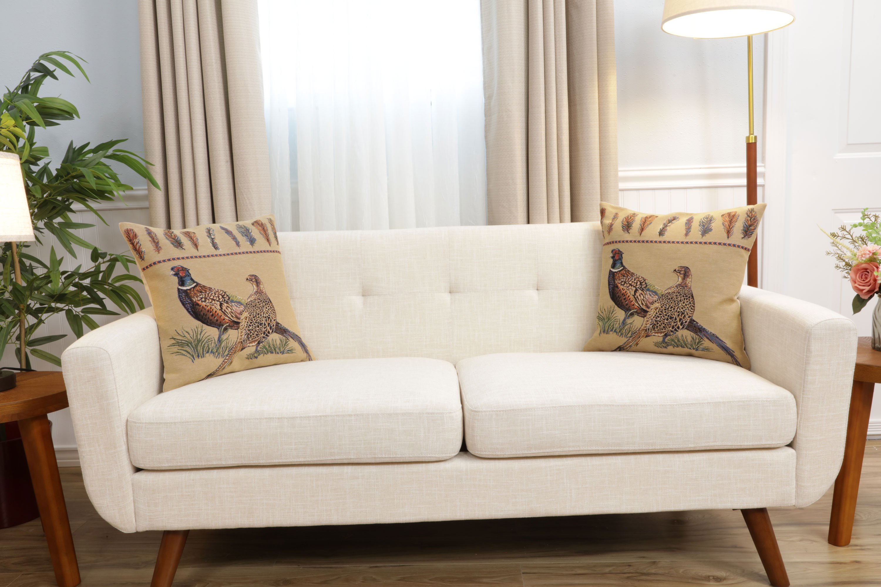 Pheasants Facing Left European Tapestry Pillow Cover 18x18 Inch Cotton Cushion Cover