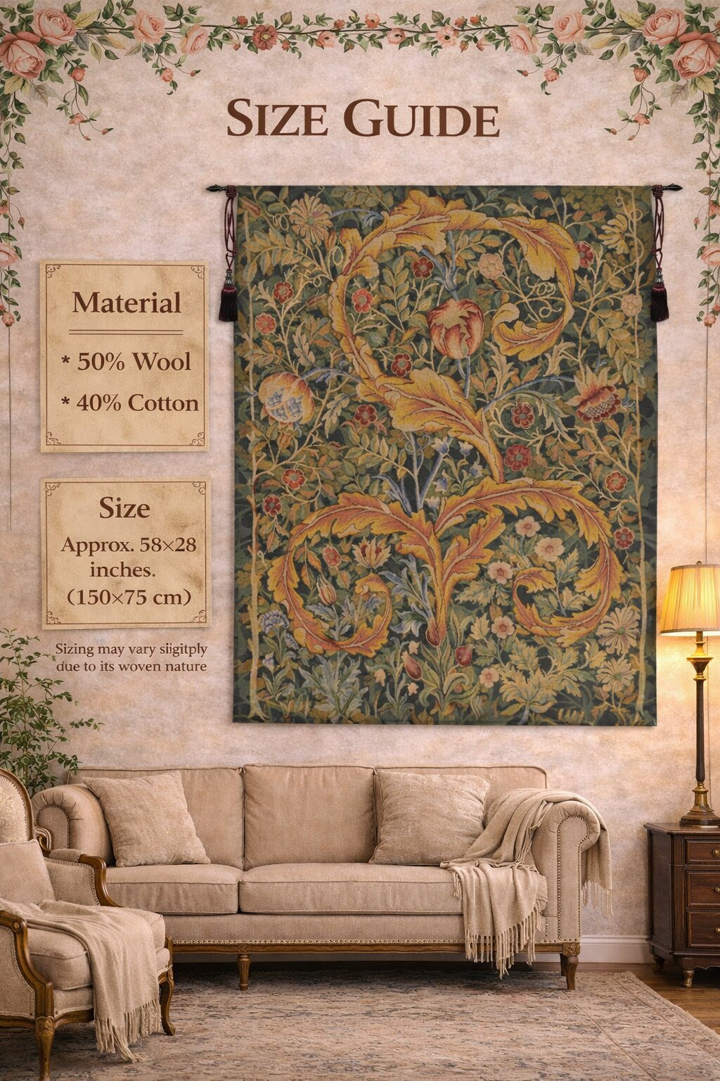 William Morris Acanthe Green Medium Tapestry Wall Hanging 58 x 28 in Arts and Crafts Acanthus Jacquard Woven Wall Art