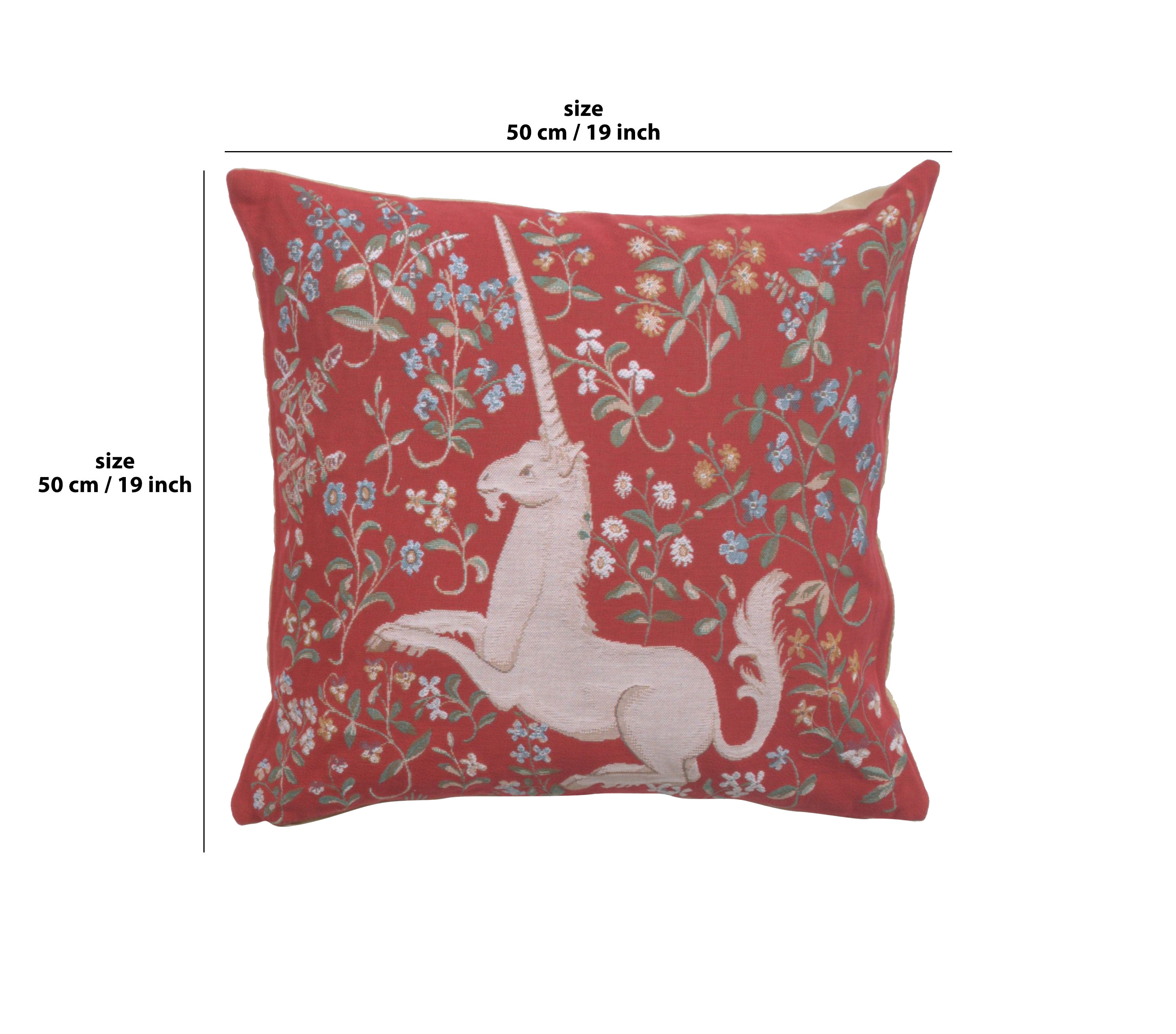Medieval Licorne Fleuri Red Tapestry Pillow Cover 19x19 Inch Cotton Jacquard Woven Cushion Cover