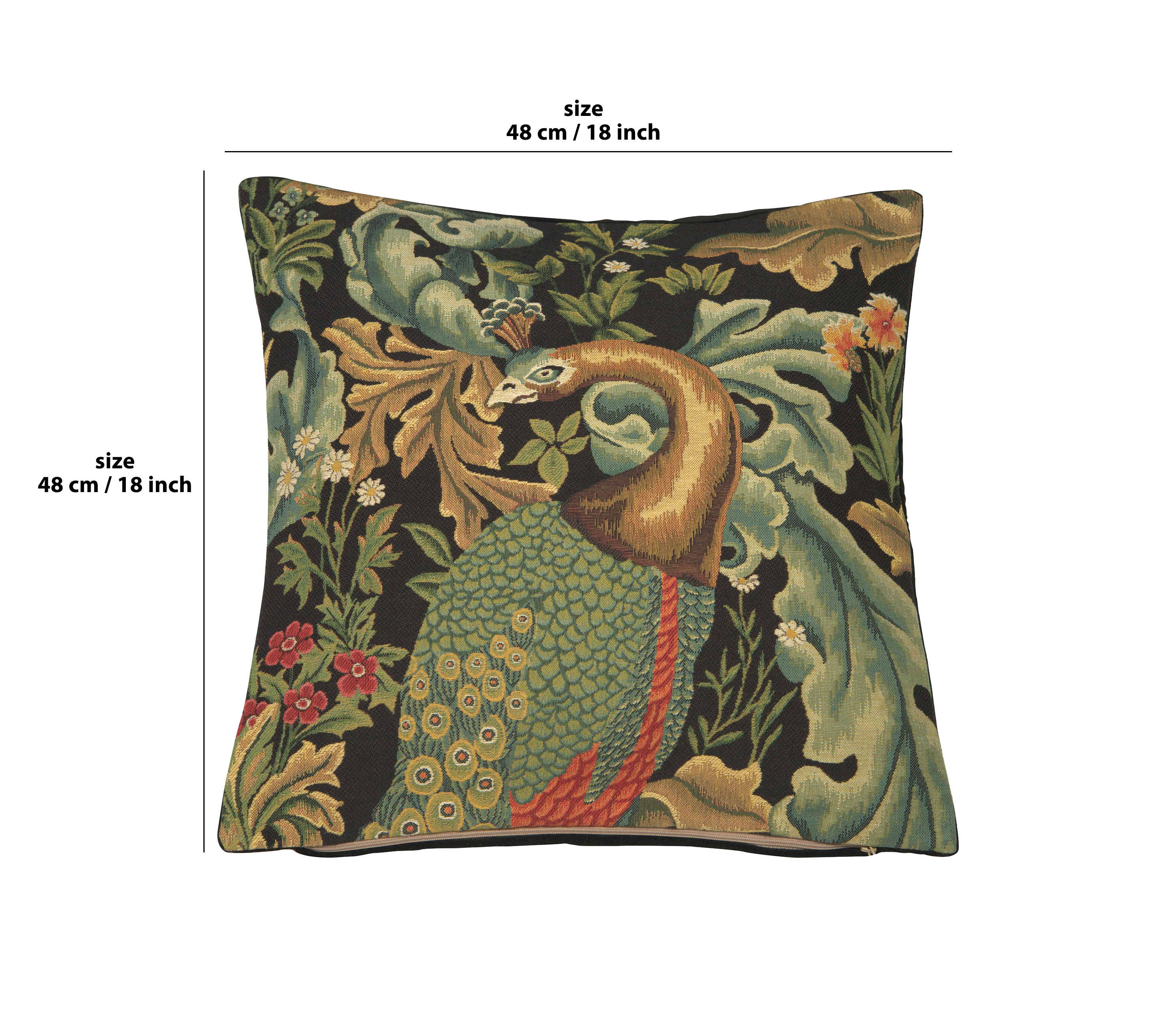 Black Peacock Belgian Tapestry Pillow Cover 18x18 inch 100% Cotton Belgian Jacquard Woven Cushion Cover