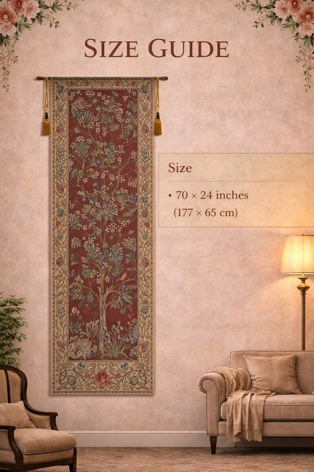 William Morris Tree of Life Portiere Red Tapestry Wall Hanging 70 x 24 in