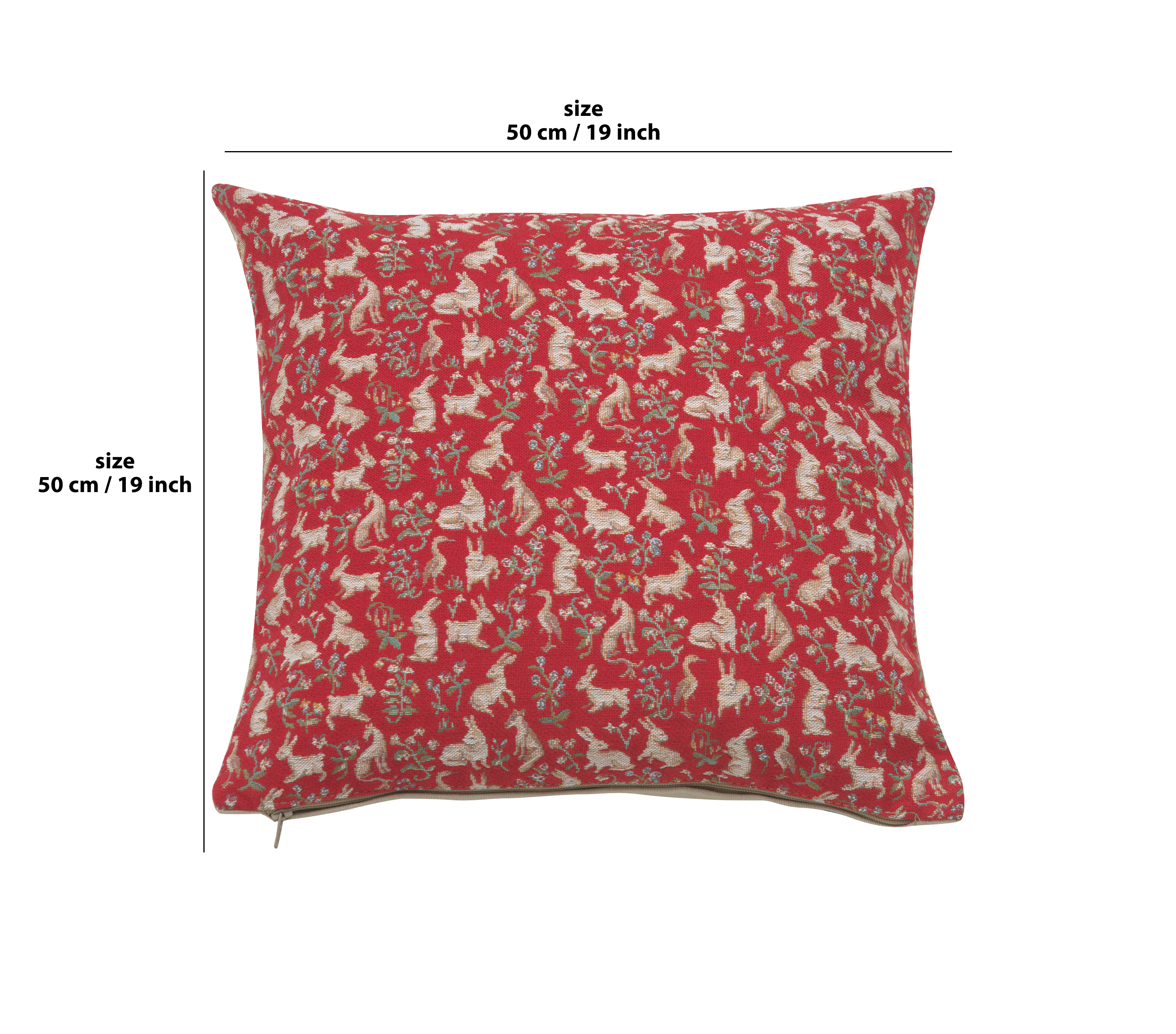Medieval Mille Fleurs and Little Animals Red Tapestry Pillow Cover 14x14 Inch Cotton Jacquard Woven Cushion Cover