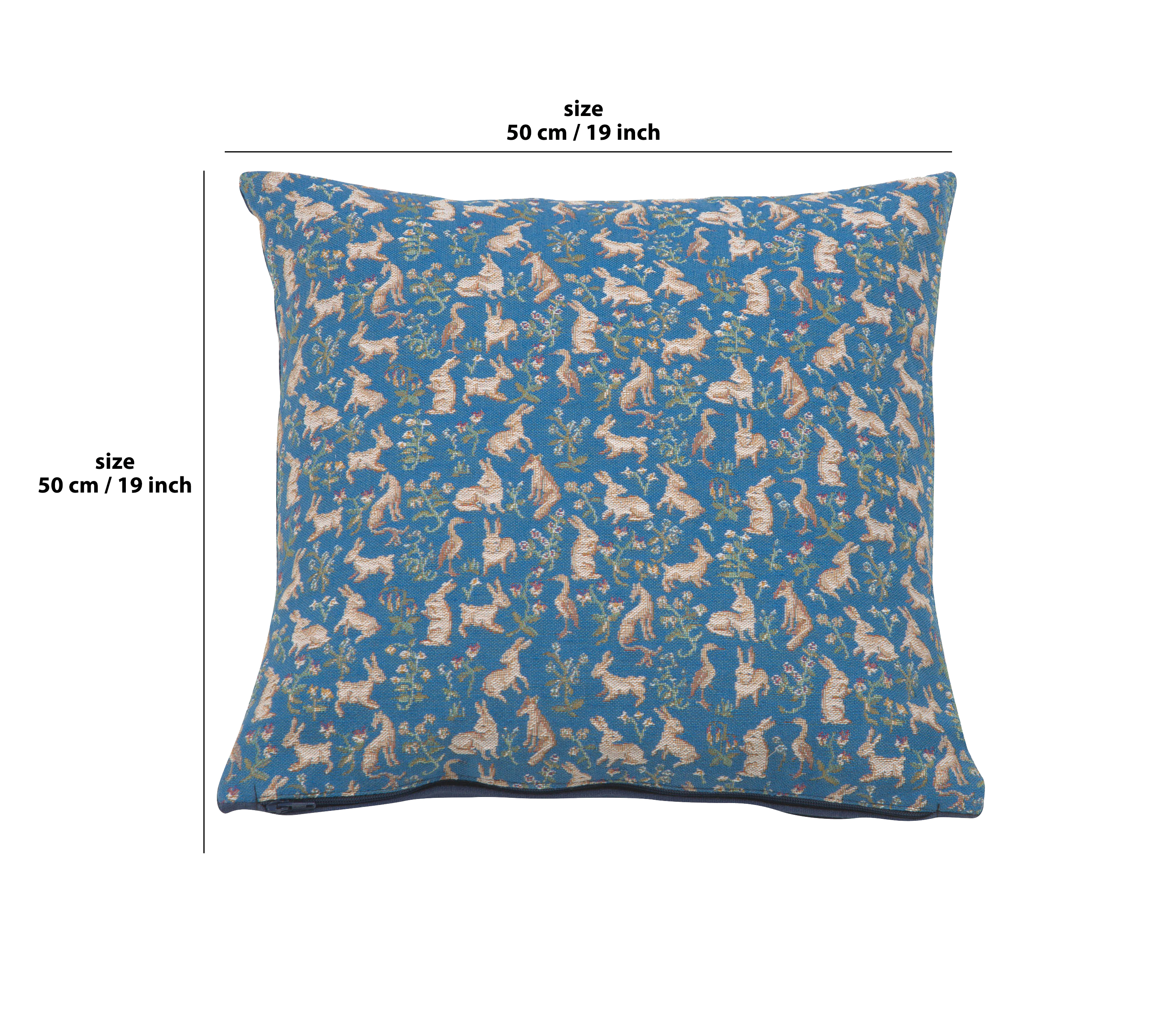 Medieval Mille Fleurs and Little Animals Blue Tapestry Pillow Cover 14x14 Inch Cotton Jacquard Woven Cushion Cover
