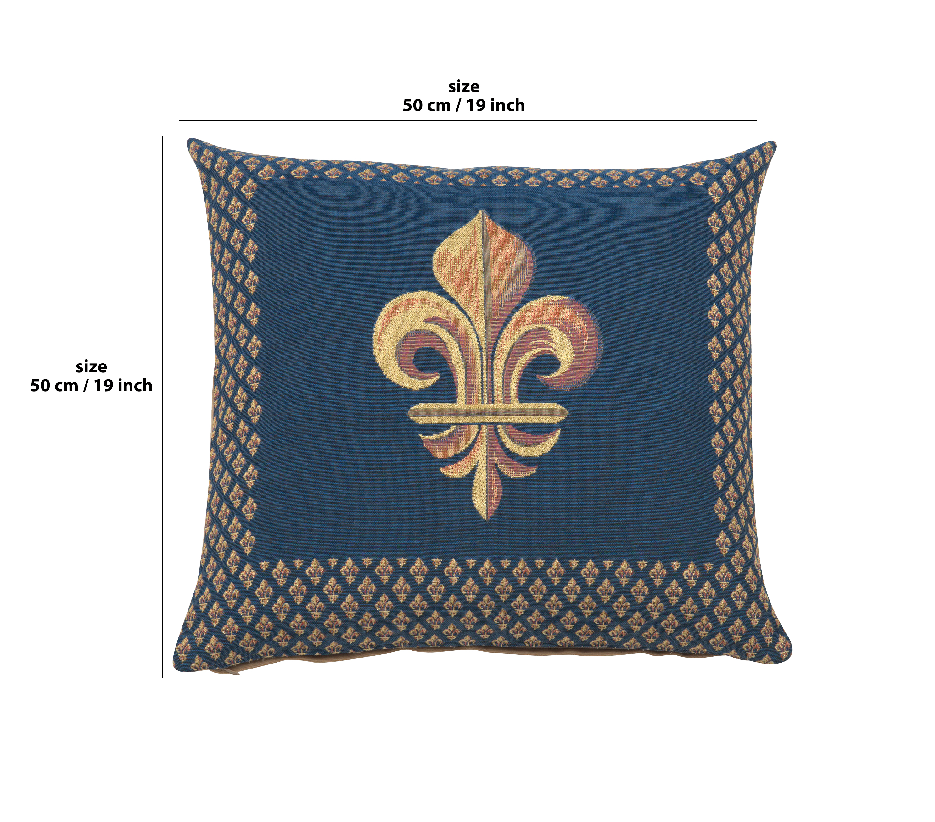 French Framed Fleur de Lys Blue Tapestry Pillow Cover 19x19 Inch Cotton Jacquard Woven Cushion Cover