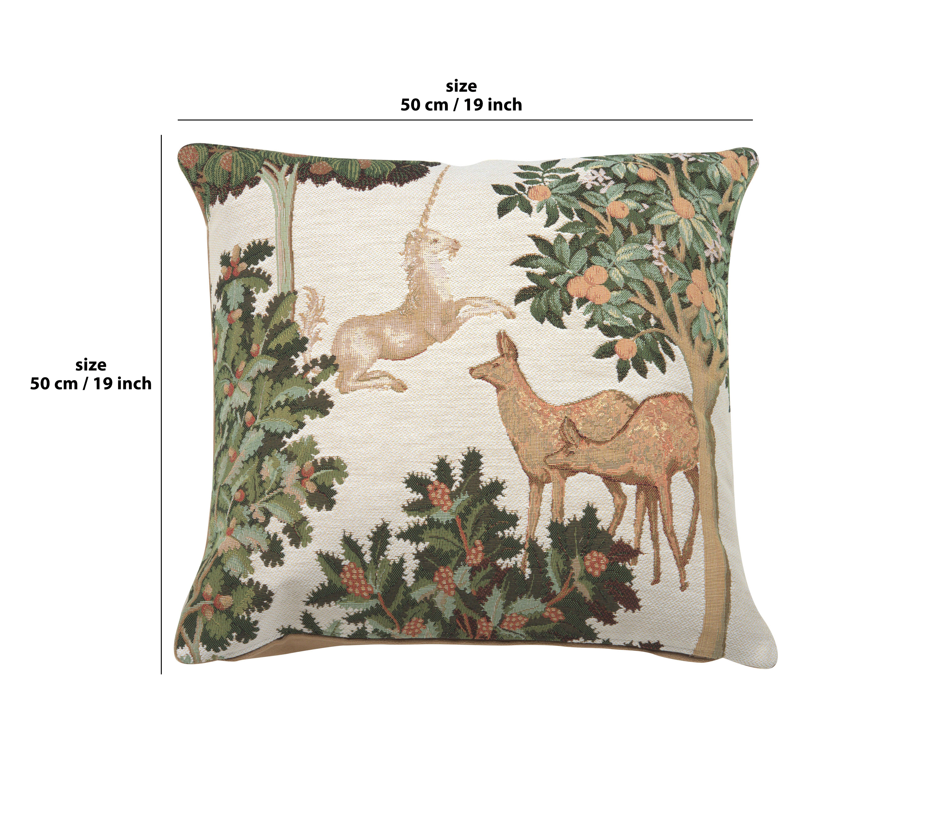 Medieval Unicorn and Does Forest White Tapestry Pillow Cover 19x19 Inch Cotton Jacquard Woven Cushion Cover