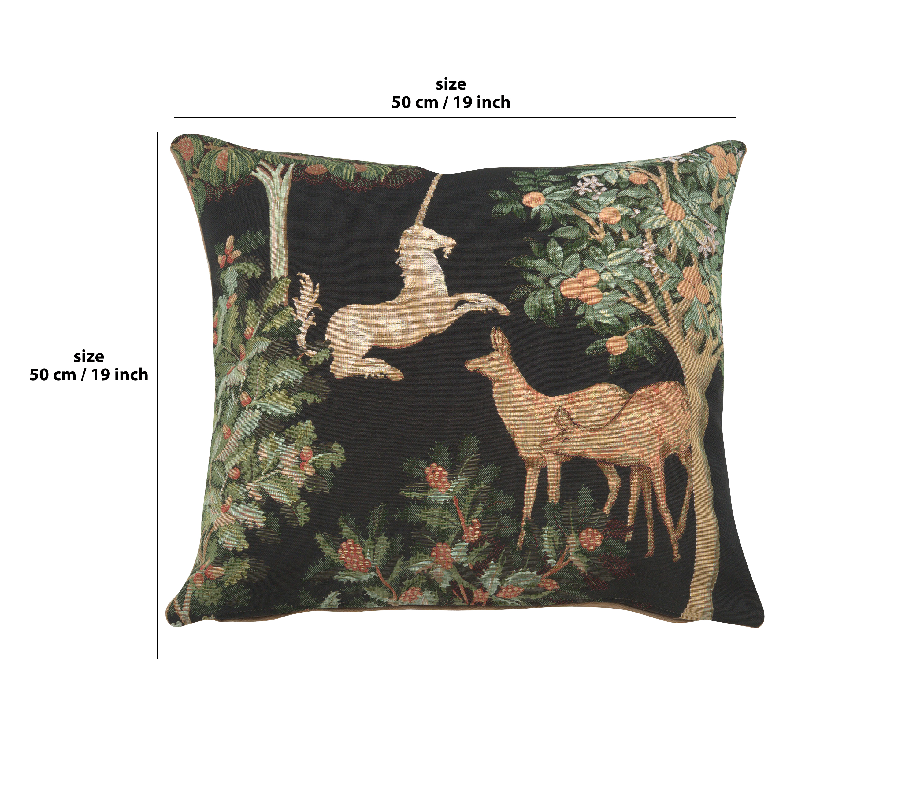 Medieval Unicorn and Does Forest Black Tapestry Pillow Cover 19x19 Inch Cotton Jacquard Woven Cushion Cover