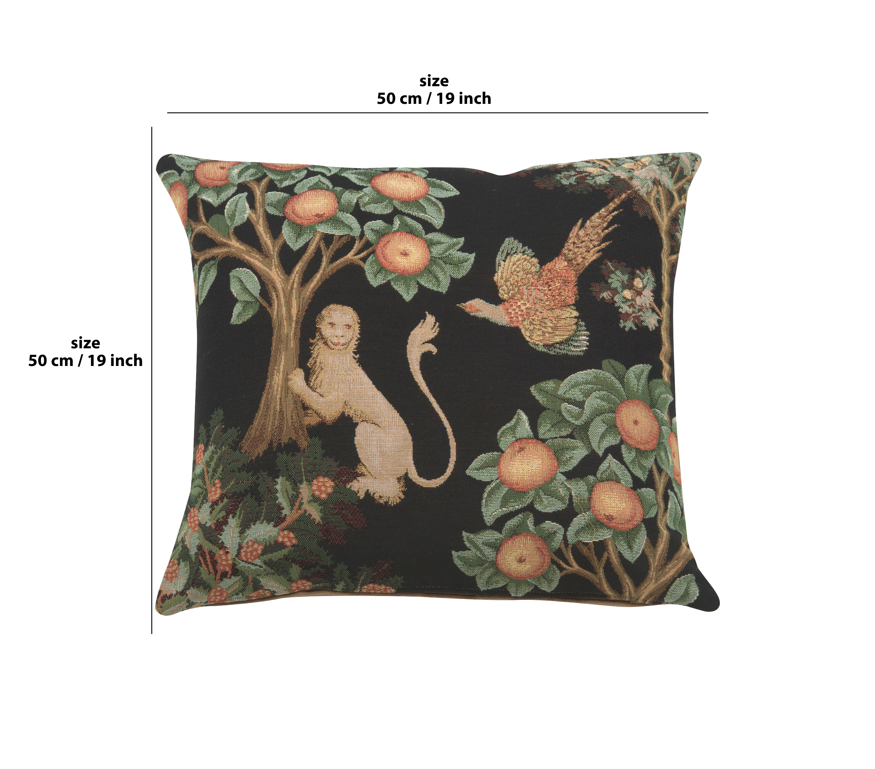 Medieval Lion and Pheasant Forest Black Tapestry Pillow Cover 19x19 Inch Cotton Jacquard Woven Cushion Cover