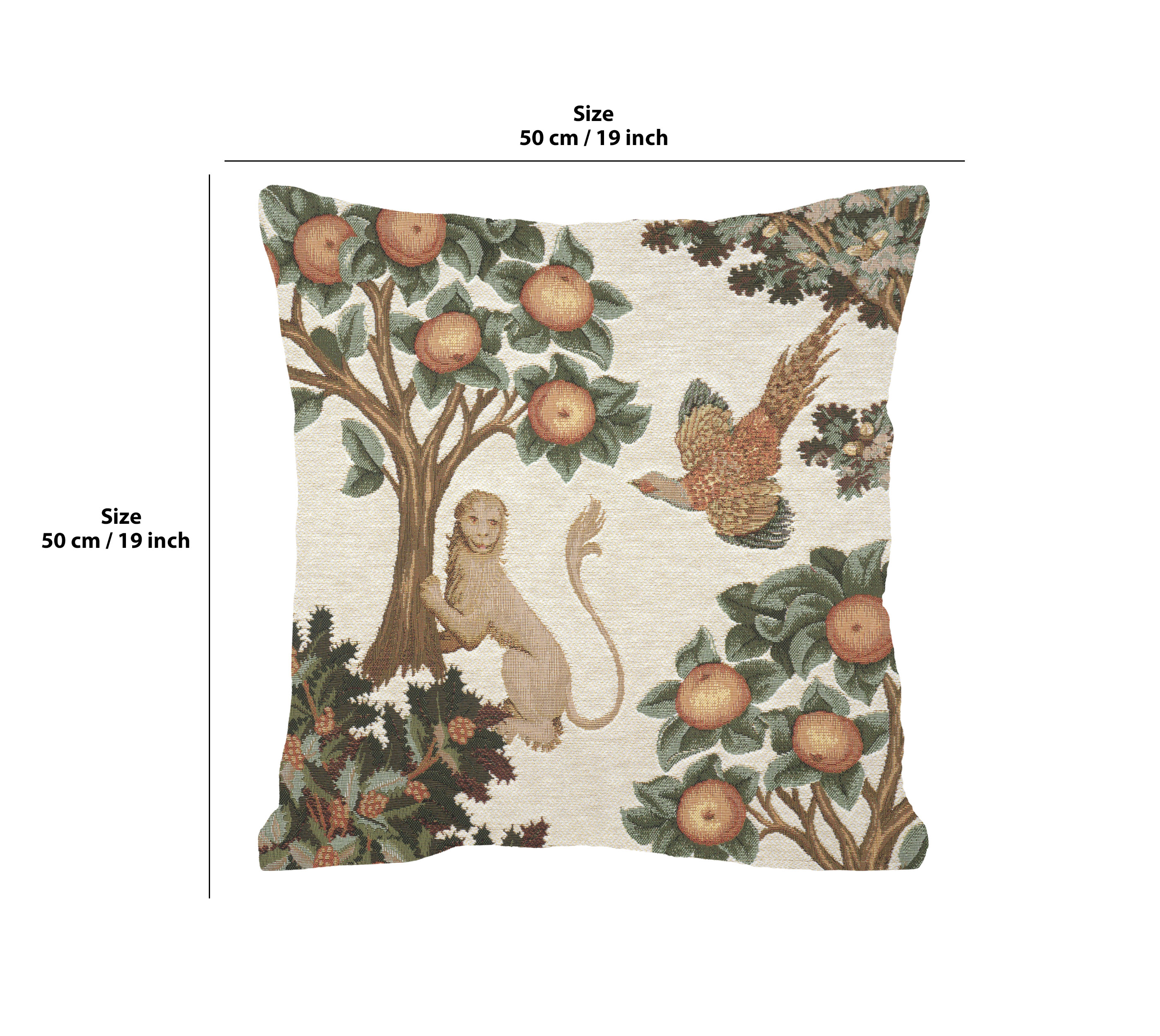 Medieval Lion and Pheasant Forest White Tapestry Pillow Cover 19x19 Inch Cotton Jacquard Woven Cushion Cover