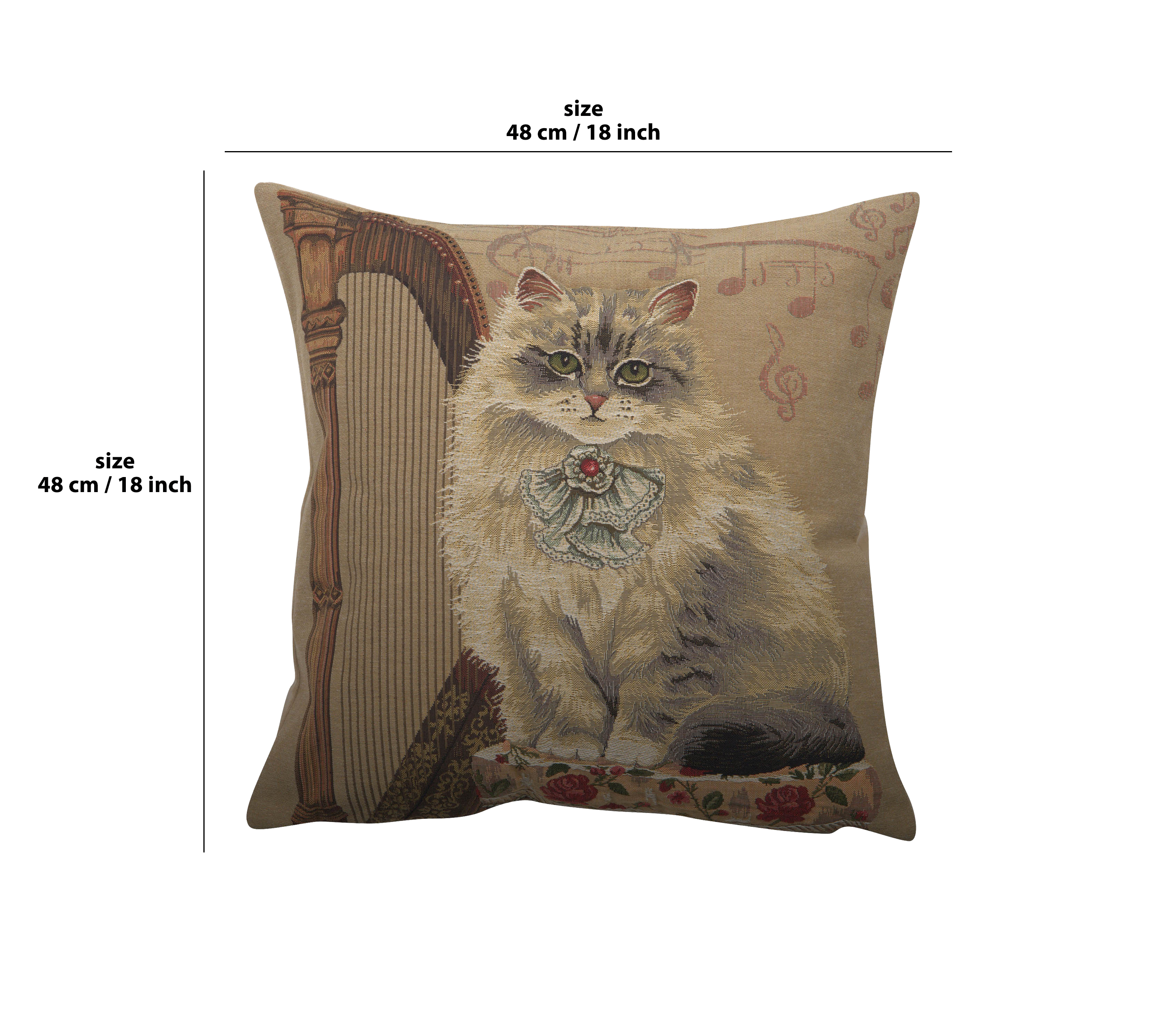 Cat with Harp Belgian Tapestry Pillow Cover 18x18 Inch Cotton Jacquard Woven Cushion Cover