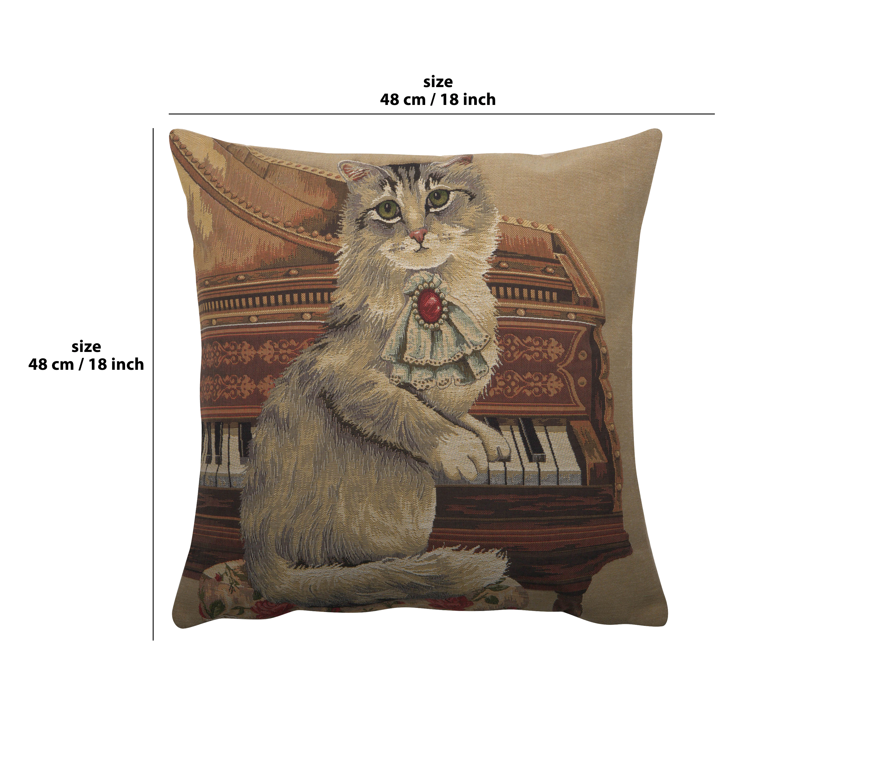 Cat with Piano Belgian Tapestry Pillow Cover 18x18 Inch Cotton Jacquard Woven Cushion Cover
