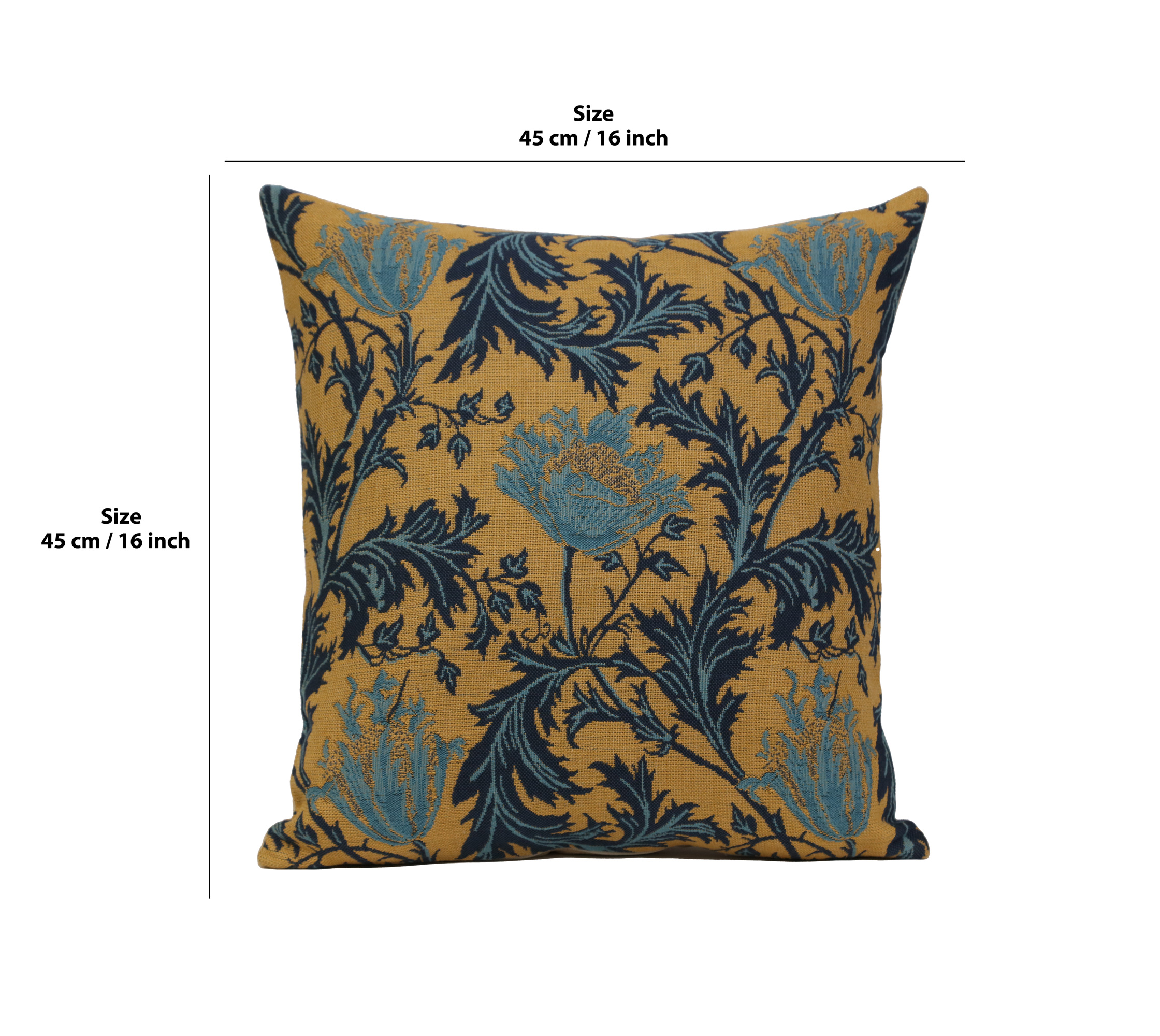 Anemone Blue Gold Belgian Tapestry Pillow Cover 16x16 inch Cotton Jacquard Woven Cushion Cover