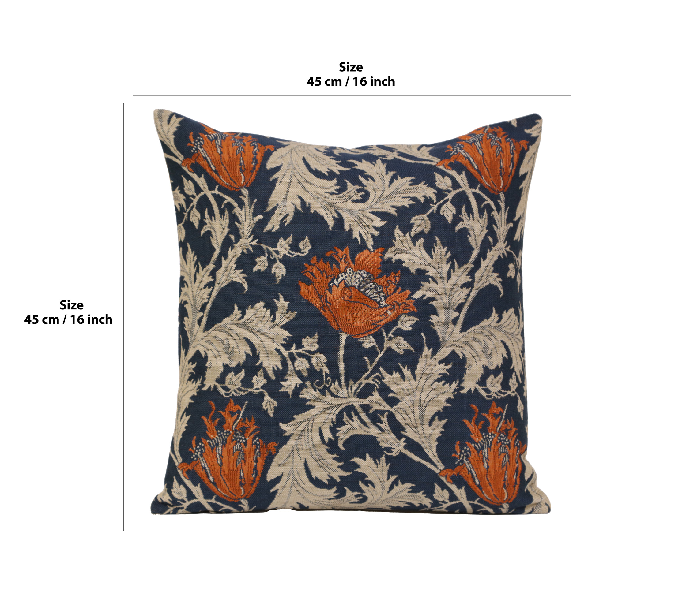 Anemone Blue Rust Belgian Tapestry Pillow Cover 16x16 inch Cotton Jacquard Woven Cushion Cover