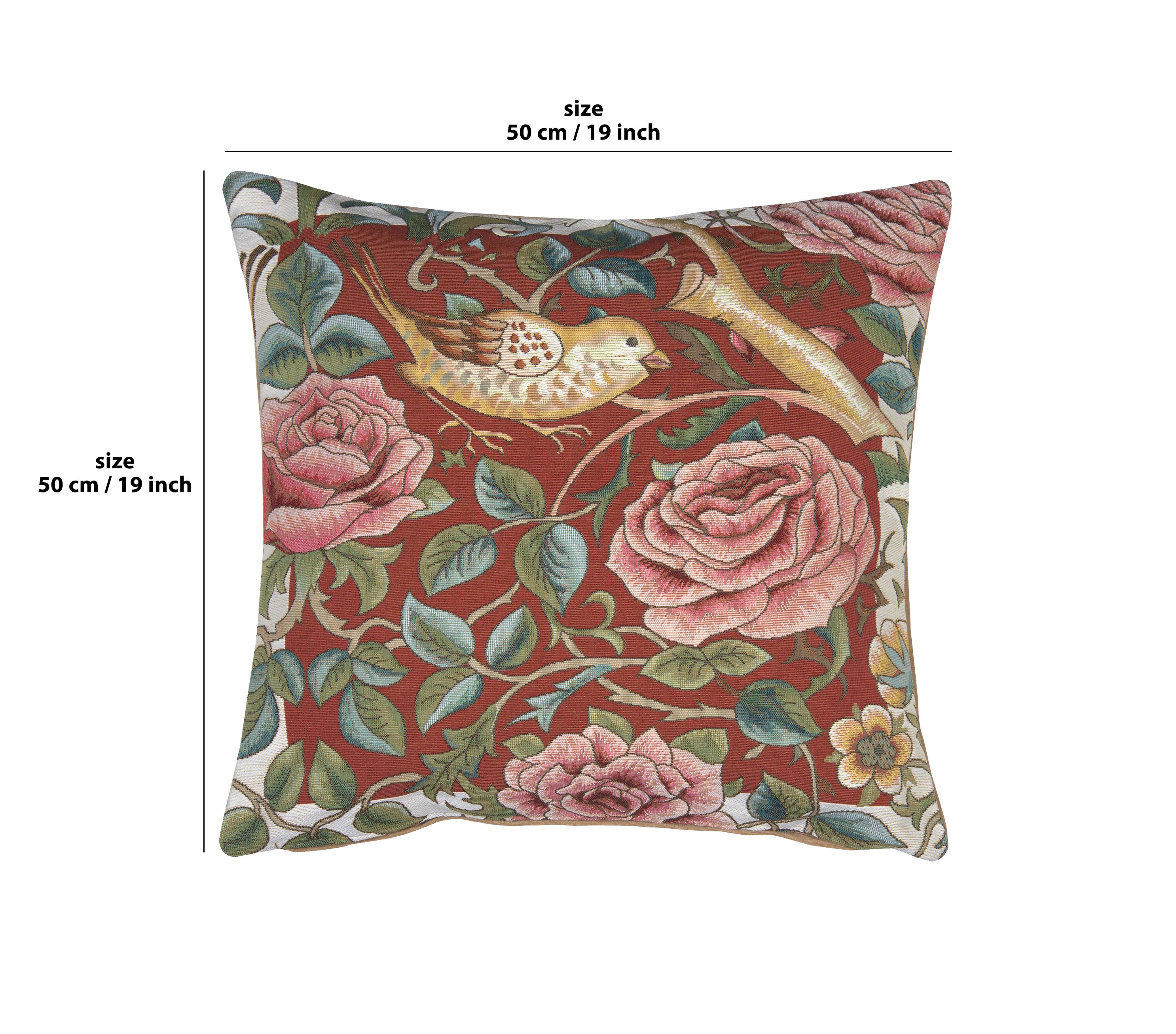 Zoom Bird and Roses Red French Tapestry Pillow Cover 19x19 inch Cotton Jacquard Woven Cushion Cover